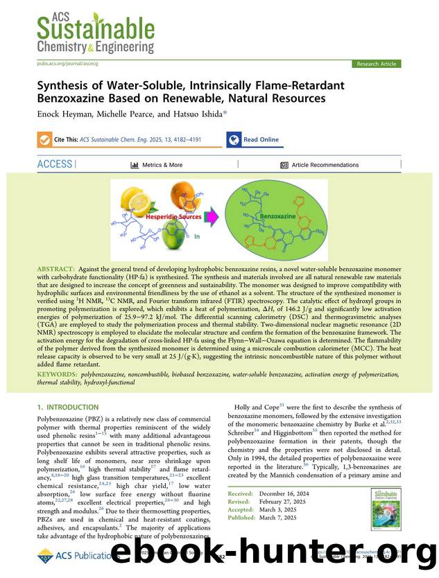 Synthesis of Water-Soluble, Intrinsically Flame-Retardant Benzoxazine Based on Renewable, Natural Resources by Enock Heyman Michelle Pearce and Hatsuo Ishida