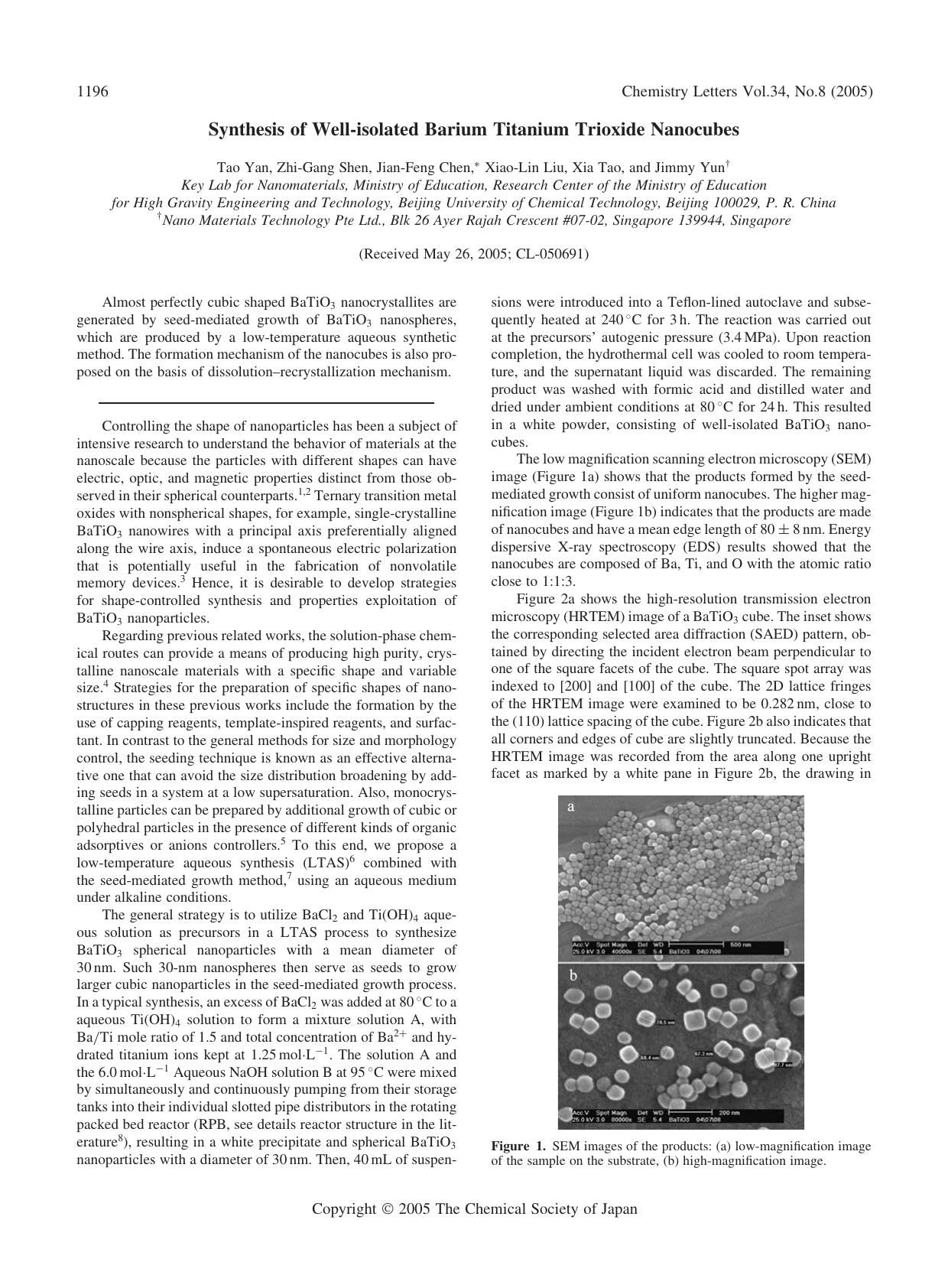 Synthesis of Well-isolated Barium Titanium Trioxide Nanocubes by Tao Yan Zhi-Gang Shen Jian-Feng Chen Xiao-Lin Liu Xia Tao and Jimmy Yun