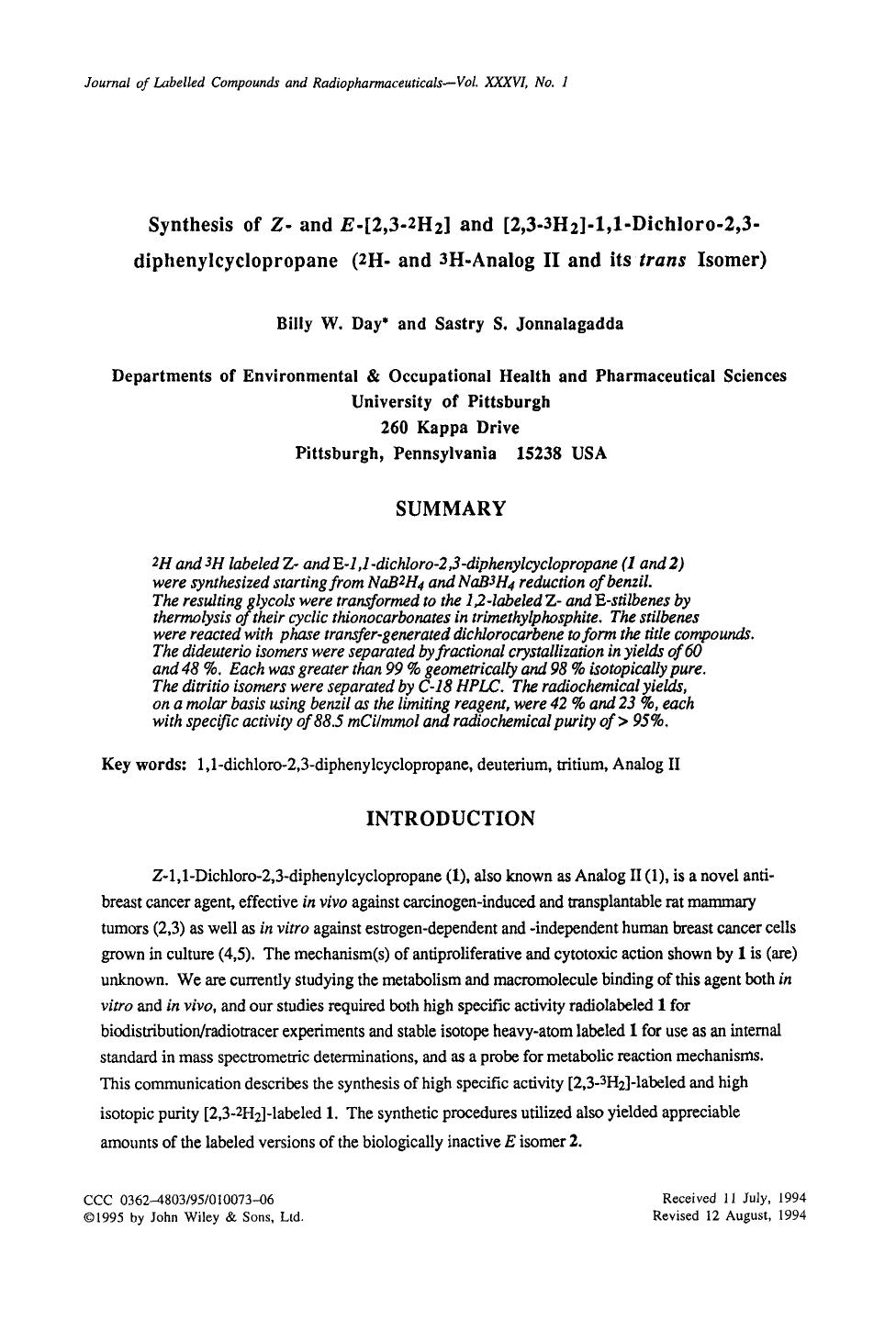 Synthesis of Z- and E-[2,3-2H2] and [2,3-3H2]-1,1-dichloro-2,3- diphenylcyclopropane (2H- and 3H-analog II and its trans isomer) by Unknown