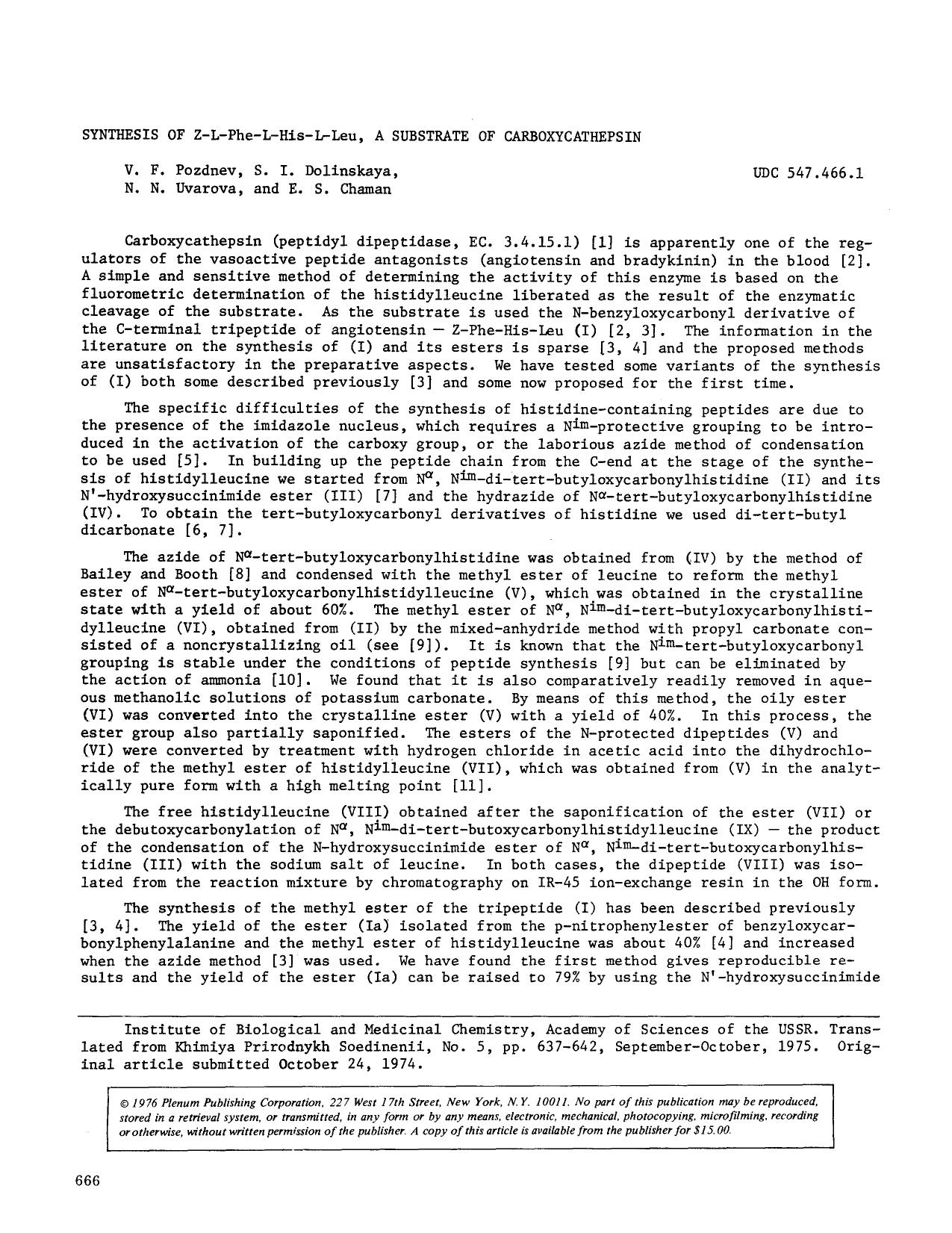 Synthesis of Z-L-Phe-L-His-L-Leu, a substrate of carboxycathepsin by Unknown