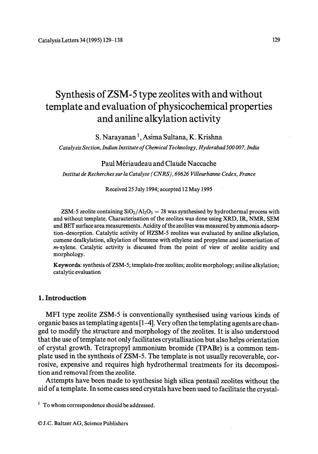 Synthesis of ZSM-5 type zeolites with and without template and evaluation of physicochemical properties and aniline alkylation activity by Unknown