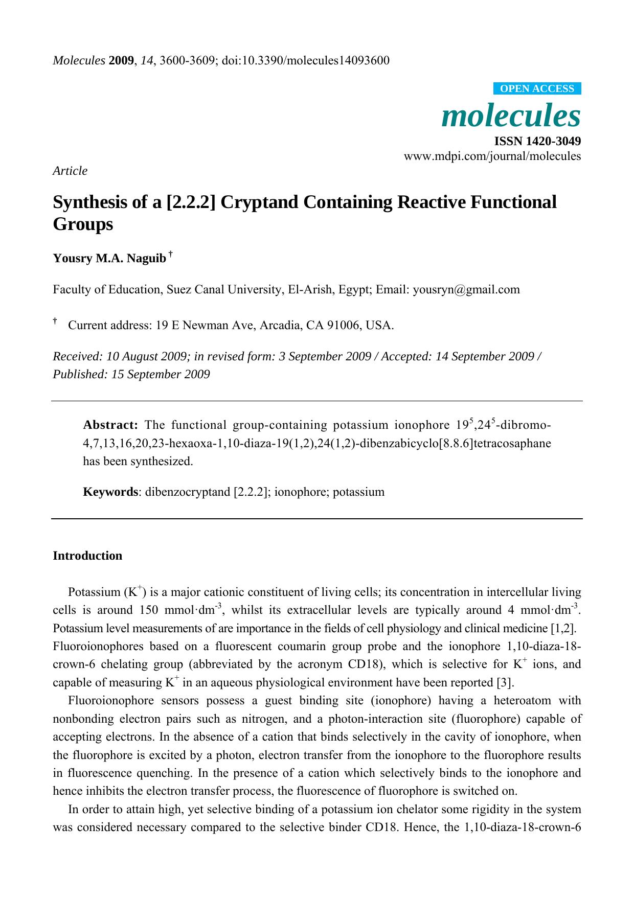 Synthesis of a [2.2.2] Cryptand Containing Reactive Functional Groups by Yousry M.A. Naguib