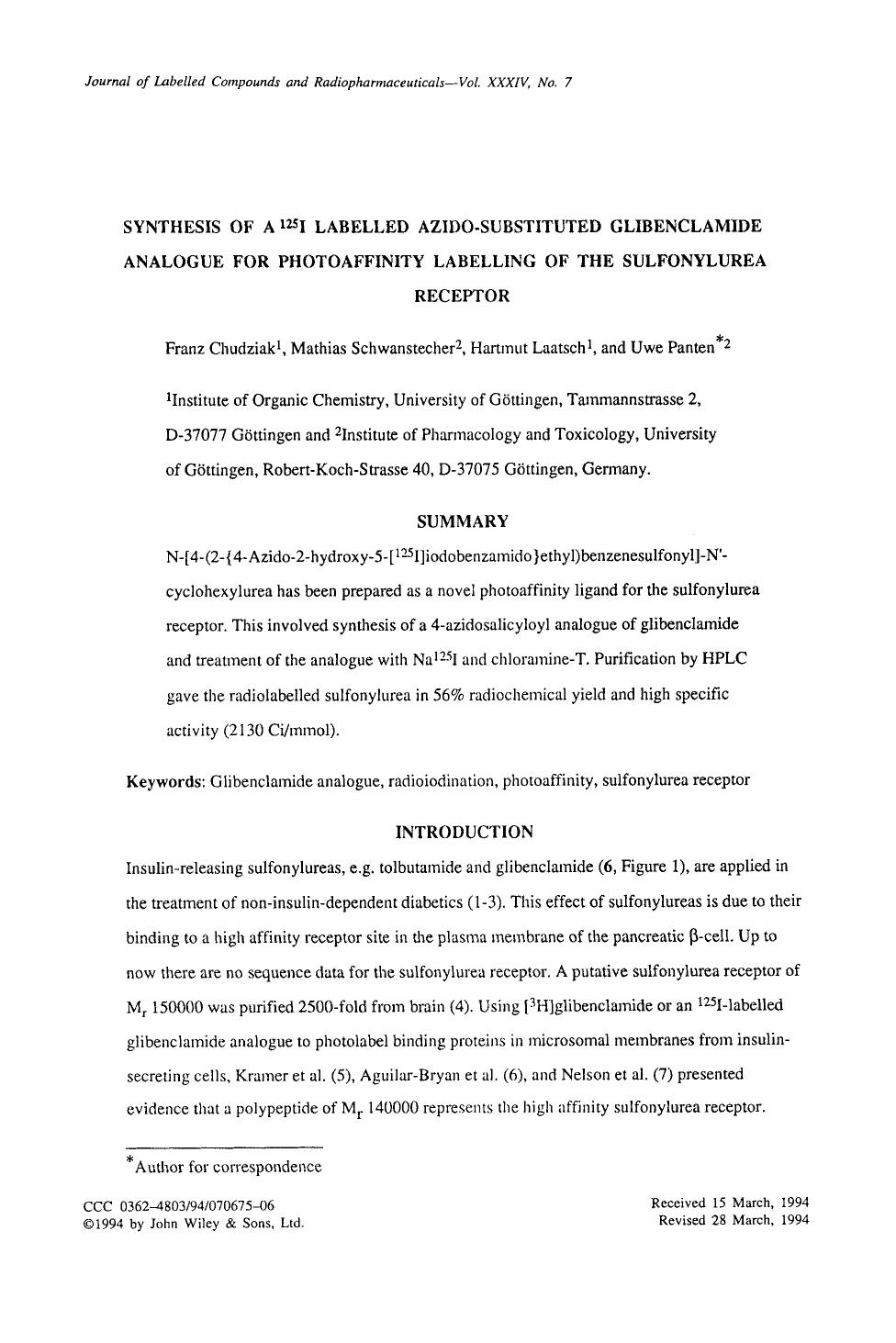 Synthesis of a 125I labelled azido-substituted glibenclamide analogue for photoaffinity labelling of the sulfonylurea receptor by Unknown