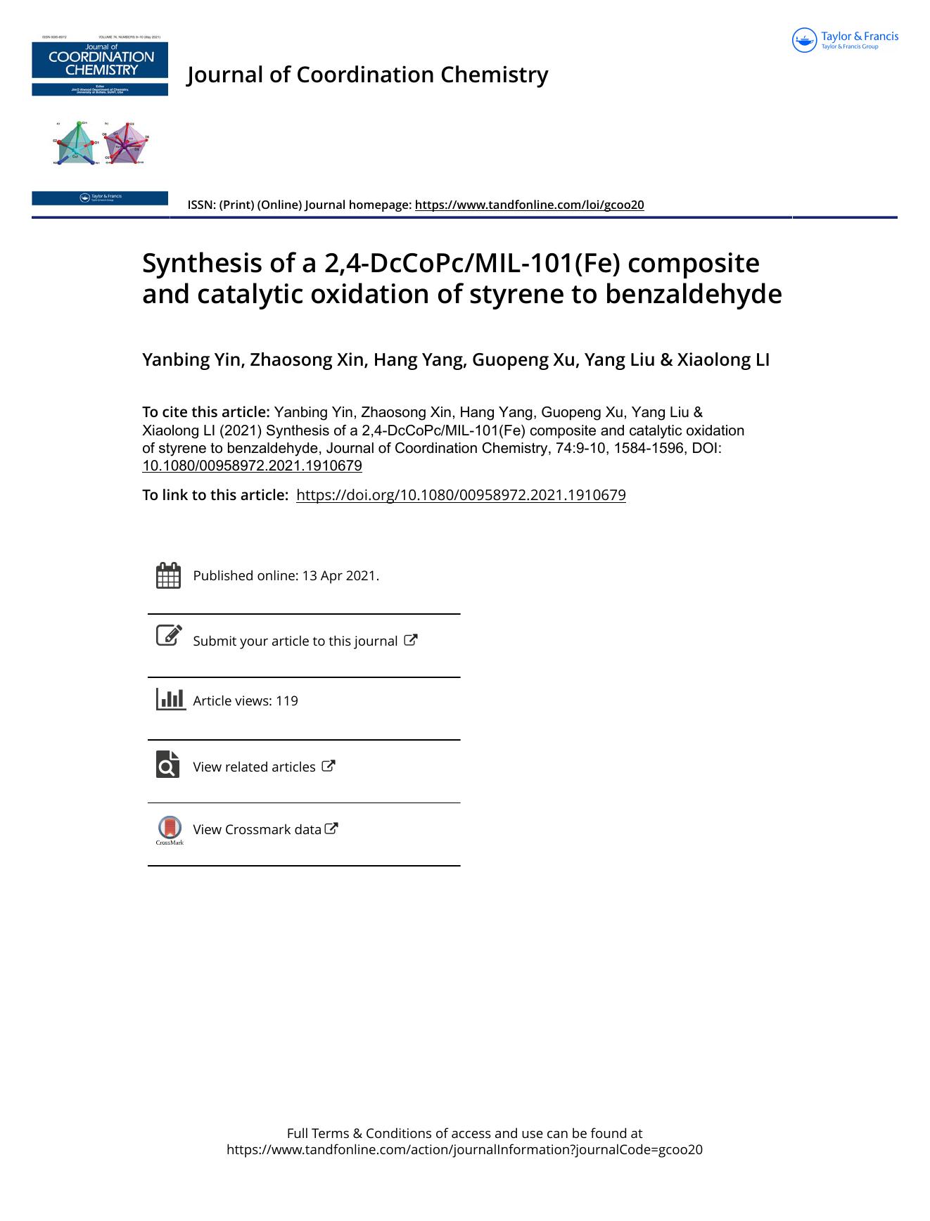 Synthesis of a 2,4-DcCoPcMIL-101(Fe) composite and catalytic oxidation of styrene to benzaldehyde by Yin Yanbing & Xin Zhaosong & Yang Hang & Xu Guopeng & Liu Yang & LI Xiaolong