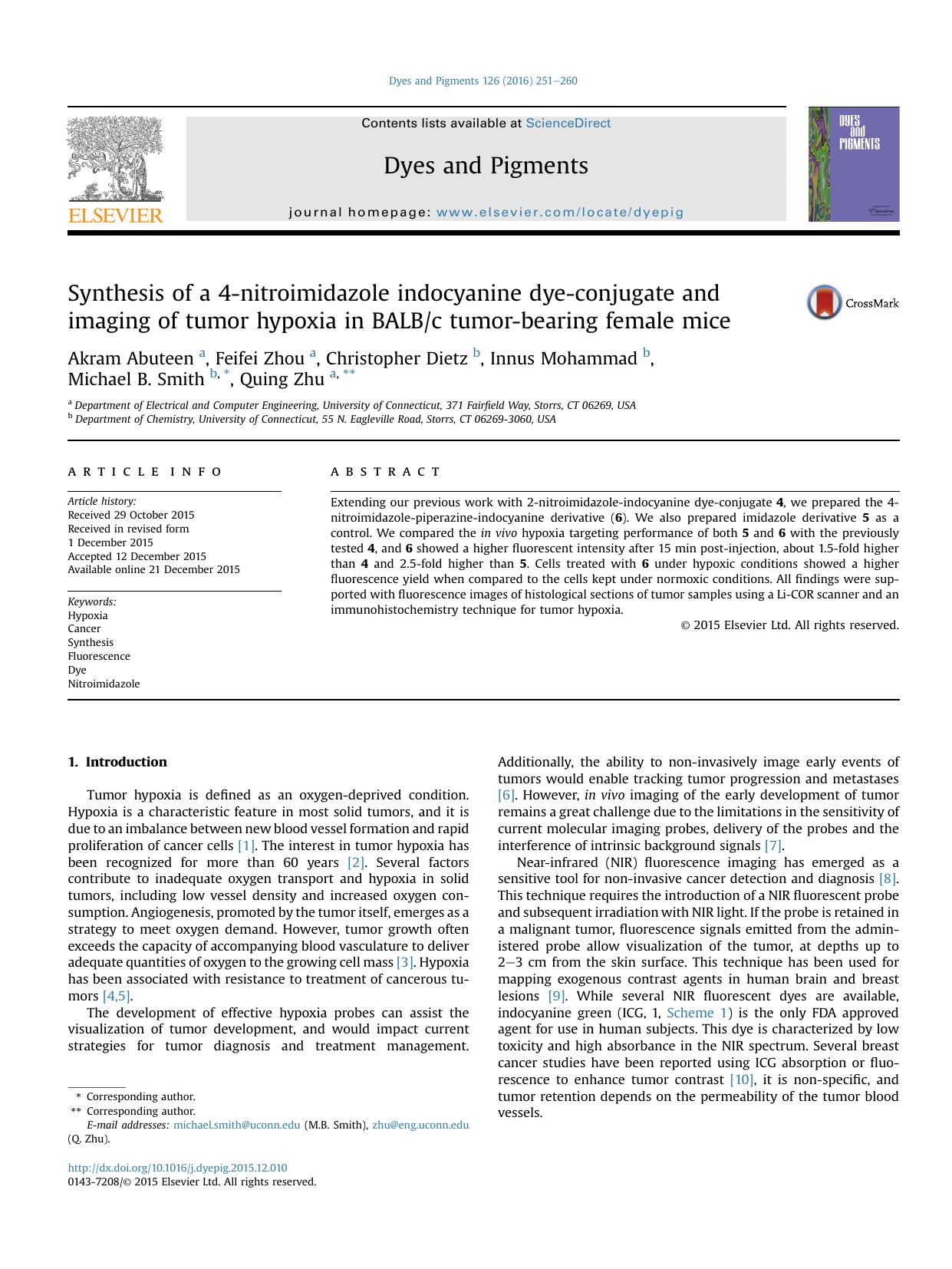 Synthesis of a 4-nitroimidazole indocyanine dye-conjugate and imaging of tumor hypoxia in BALBc tumor-bearing female mice by Akram Abuteen & Feifei Zhou & Christopher Dietz & Innus Mohammad & Michael B. Smith & Quing Zhu