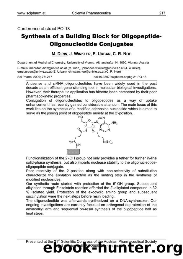Synthesis of a Building Block for Oligopeptide-Oligonucleotide Conjugates by M. DIRIN & J. WINKLER & E. URBAN & C. R. NOE