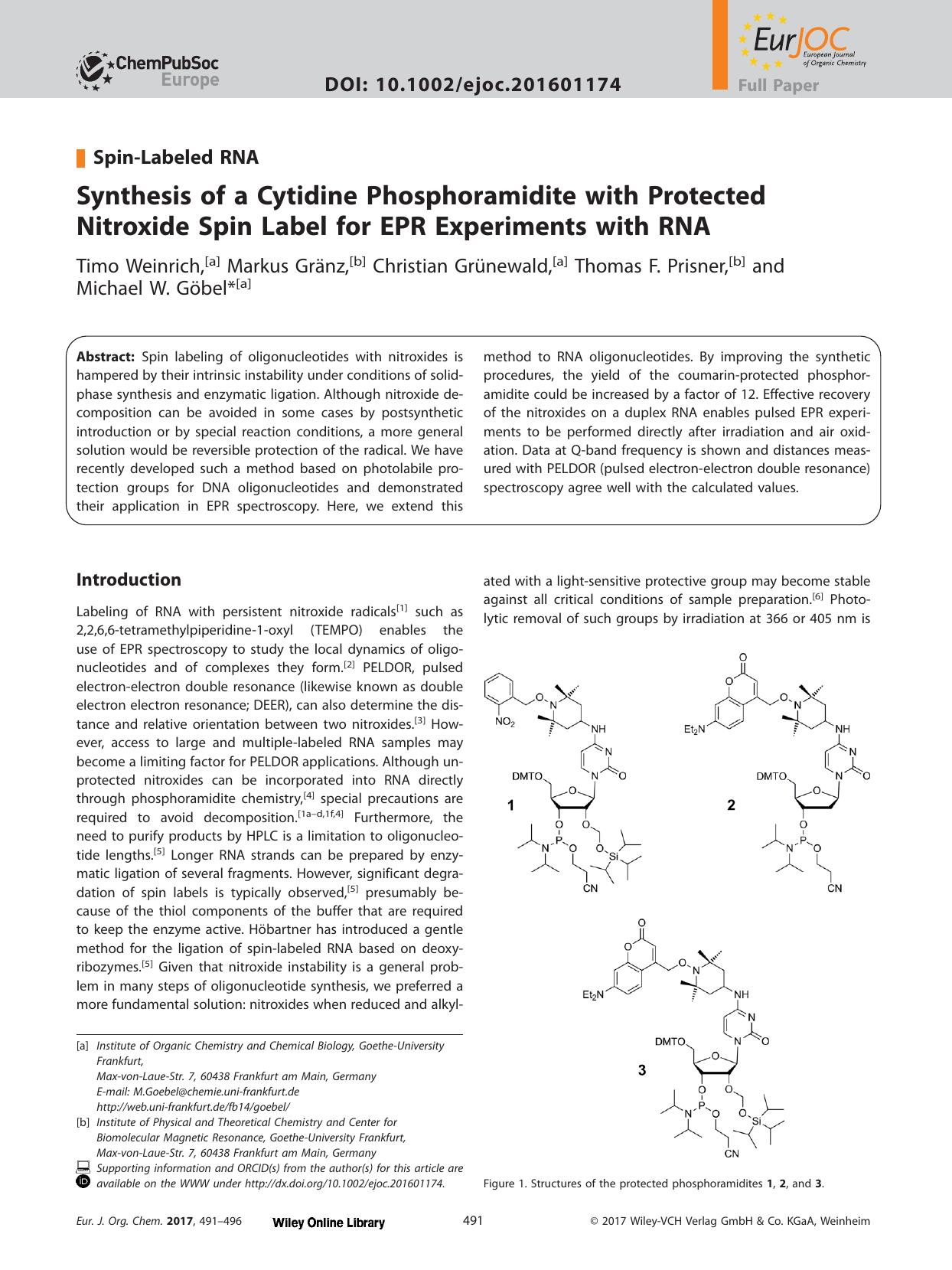 Synthesis of a Cytidine Phosphoramidite with Protected Nitroxide Spin Label for EPR Experiments with RNA by Unknown