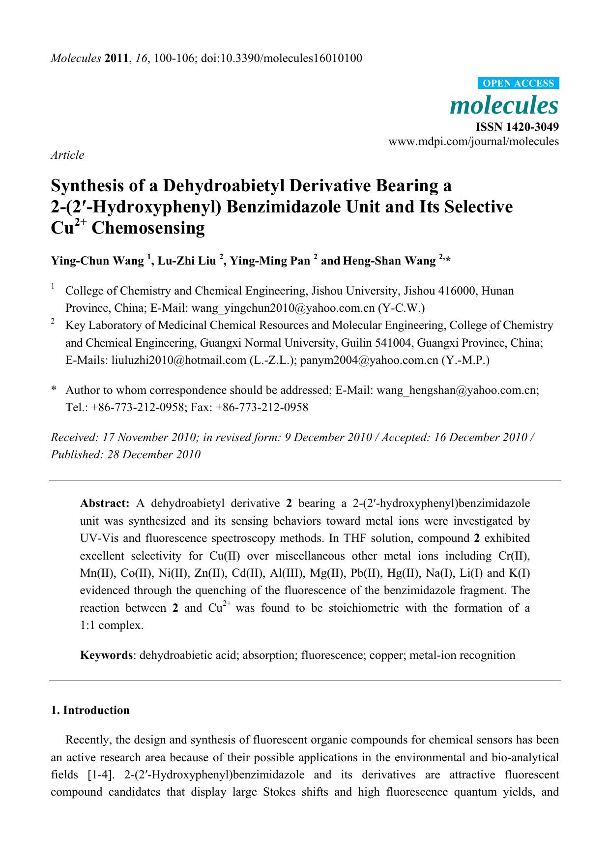 Synthesis of a Dehydroabietyl Derivative Bearing a 2-(2â²-Hydroxyphenyl) Benzimidazole Unit and Its Selective Cu2+ Chemosensing by Ying-Chun Wang & Lu-Zhi Liu & Ying-Ming Pan & Heng-Shan Wang