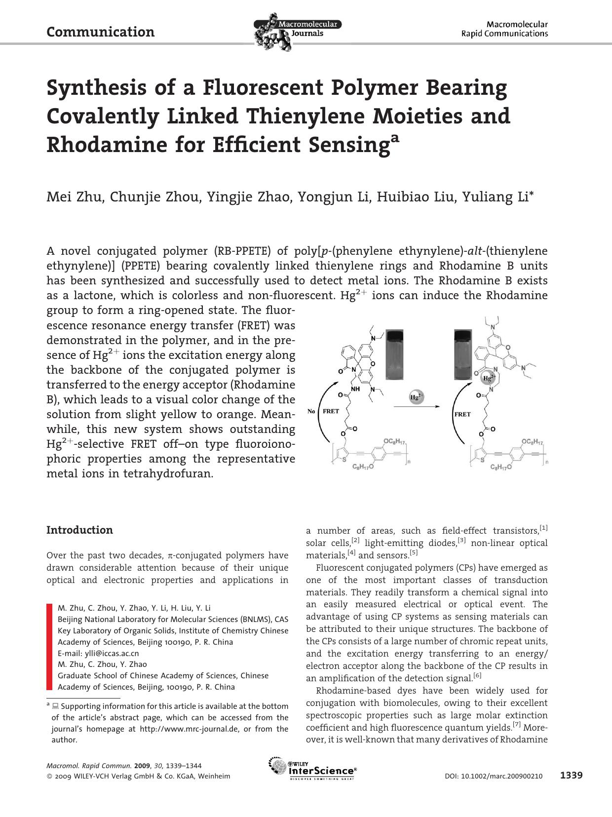 Synthesis of a Fluorescent Polymer Bearing Covalently Linked Thienylene Moieties and Rhodamine for Efficient Sensing by Unknown