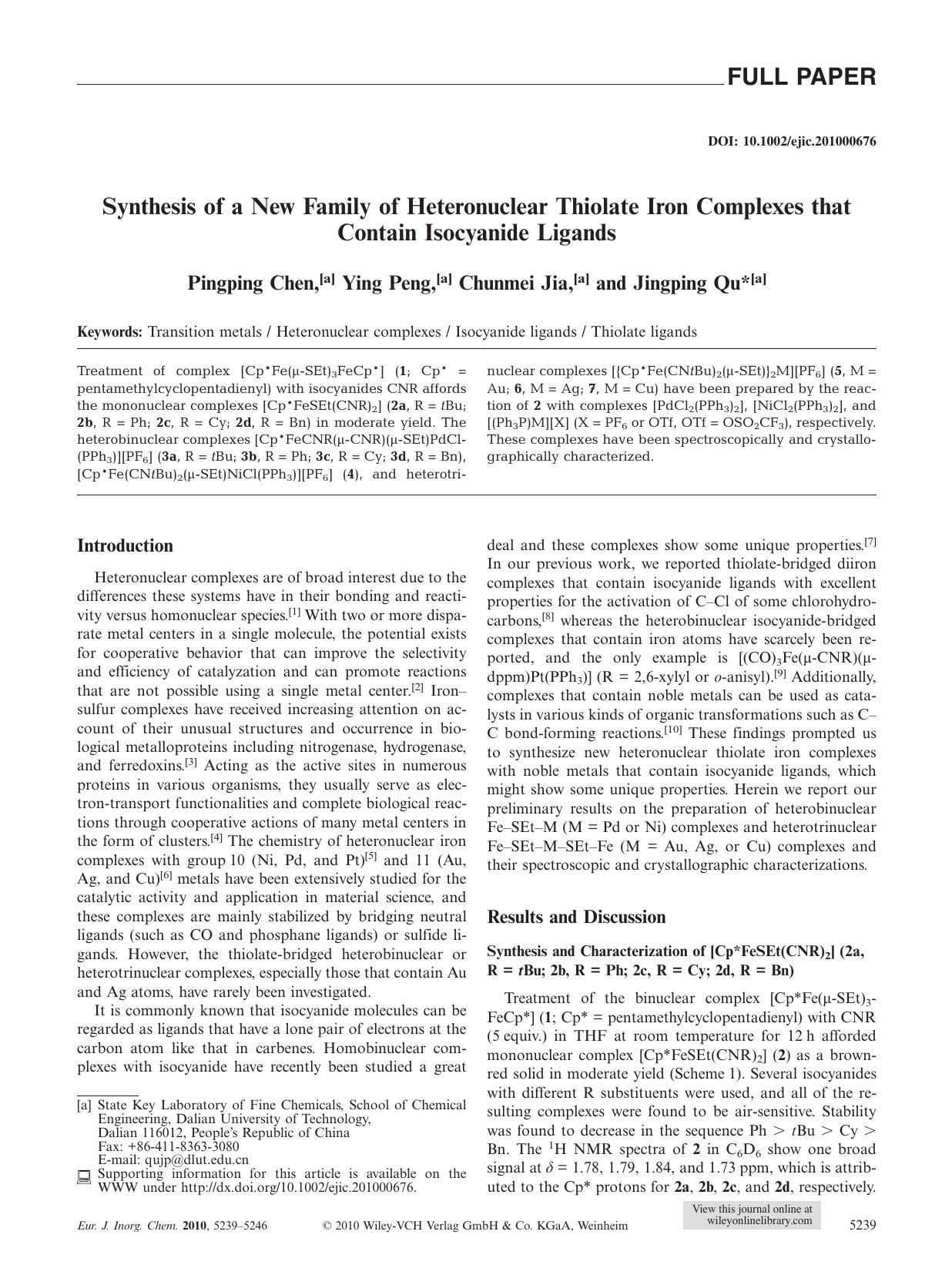 Synthesis of a New Family of Heteronuclear Thiolate Iron Complexes that Contain Isocyanide Ligands by Unknown