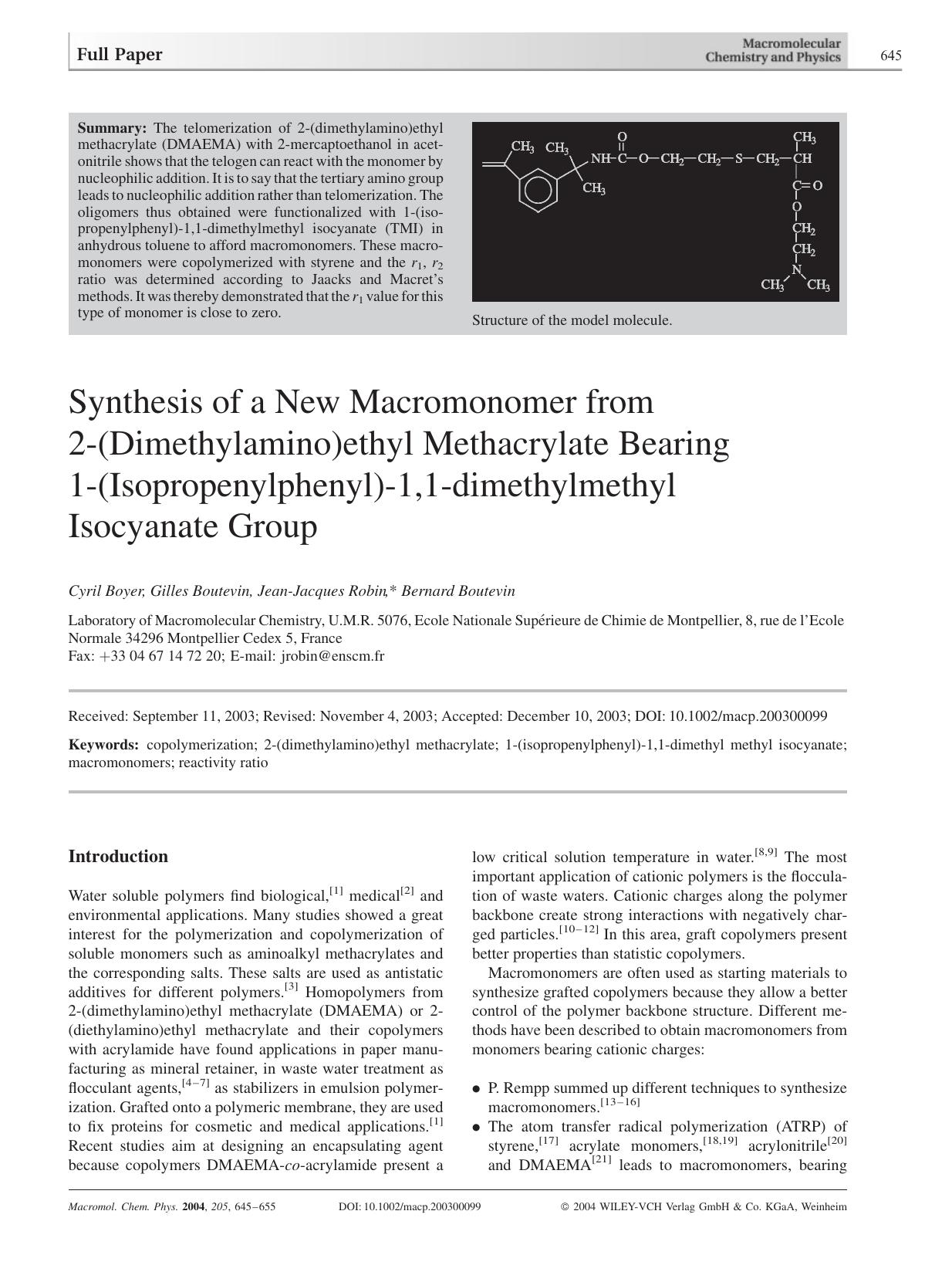 Synthesis of a New Macromonomer from 2-(Dimethylamino)ethyl Methacrylate Bearing 1-(Isopropenylphenyl)-1,1-dimethylmethyl Isocyanate Group by unknow