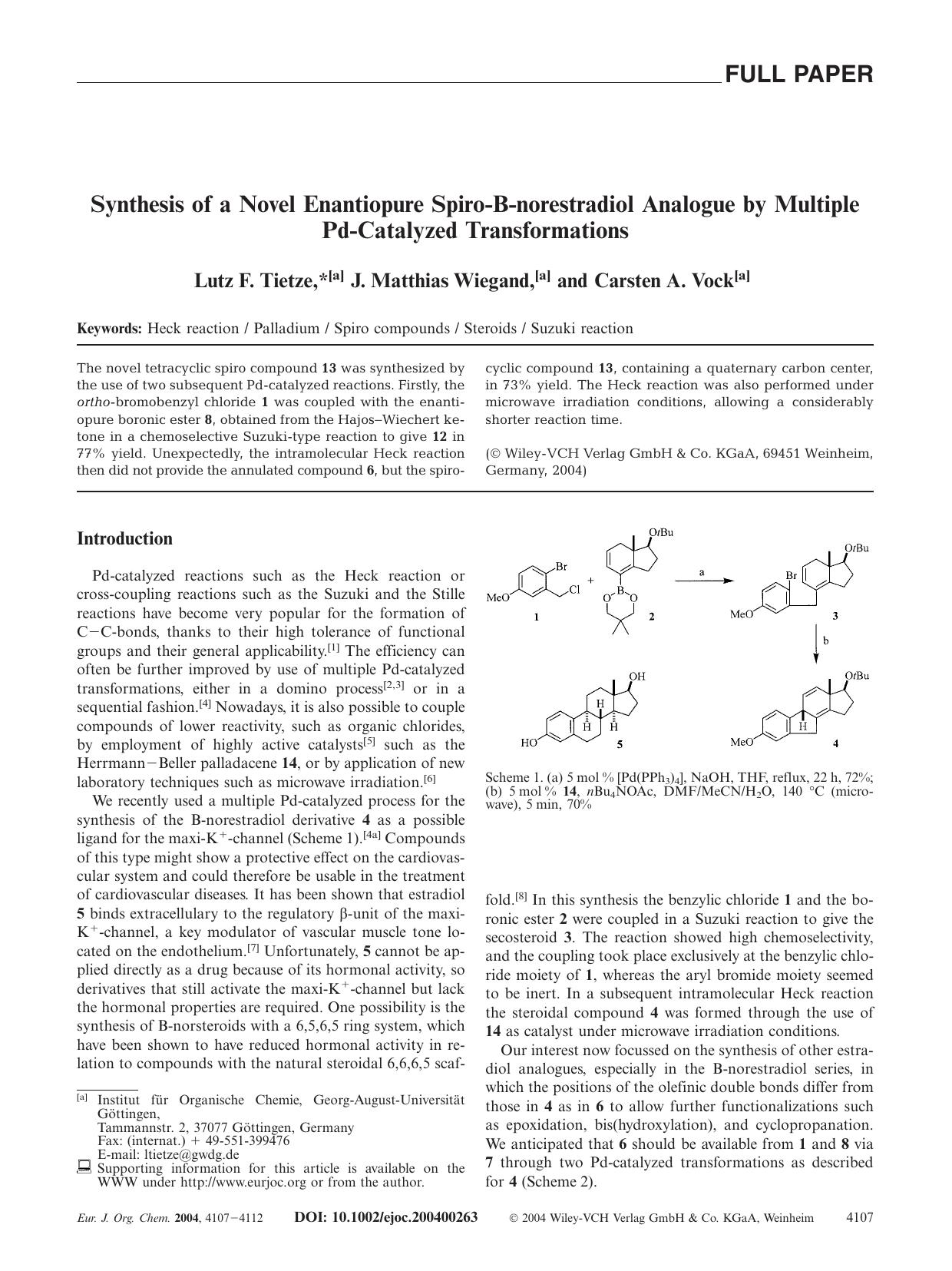 Synthesis of a Novel Enantiopure Spiro-B-norestradiol Analogue by Multiple Pd-Catalyzed Transformations by Unknown