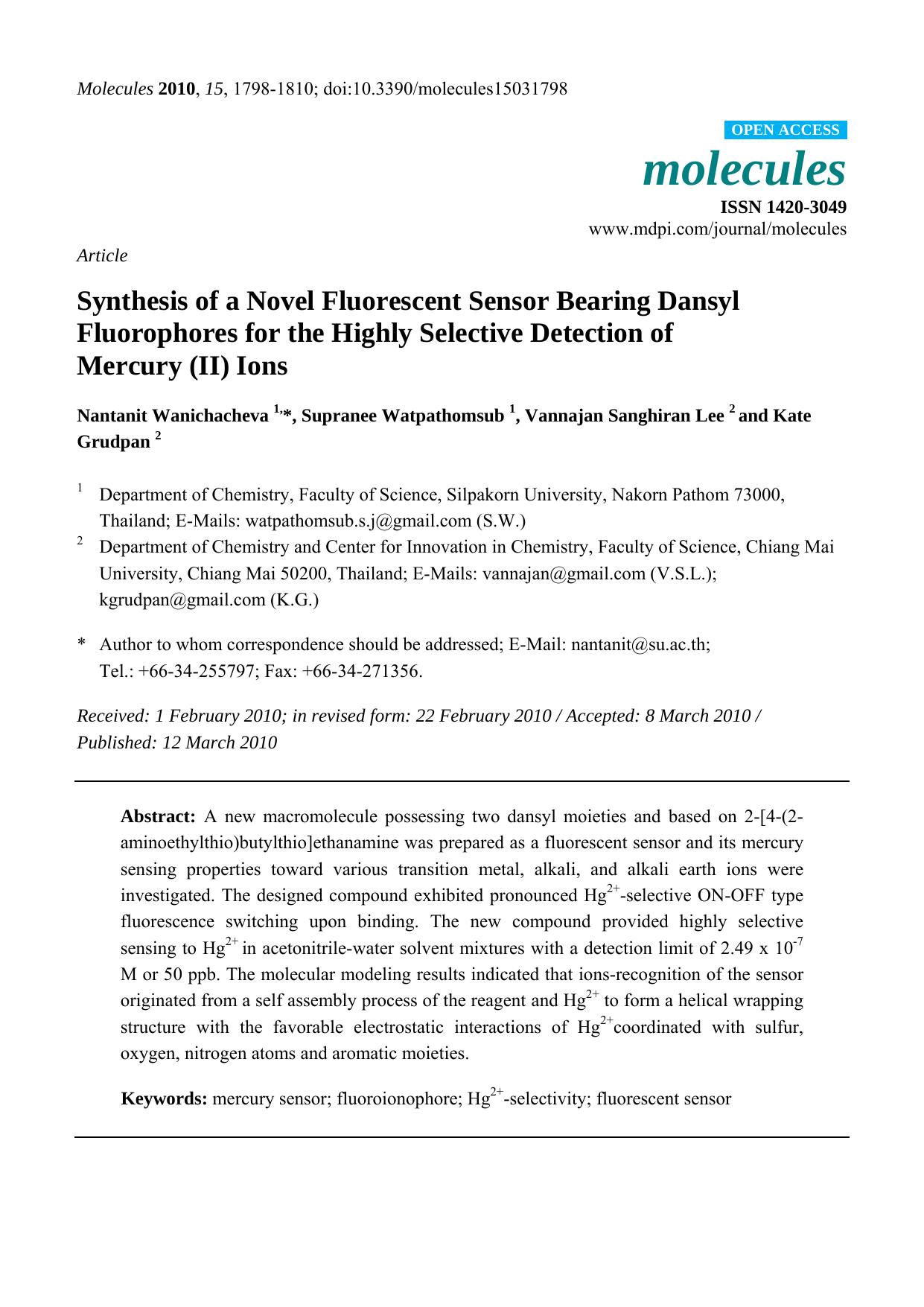 Synthesis of a Novel Fluorescent Sensor Bearing Dansyl Fluorophores for the Highly Selective Detection of Mercury (II) Ions by Nantanit Wanichacheva & Supranee Watpathomsub & Vannajan Sanghiran Lee & Kate Grudpan