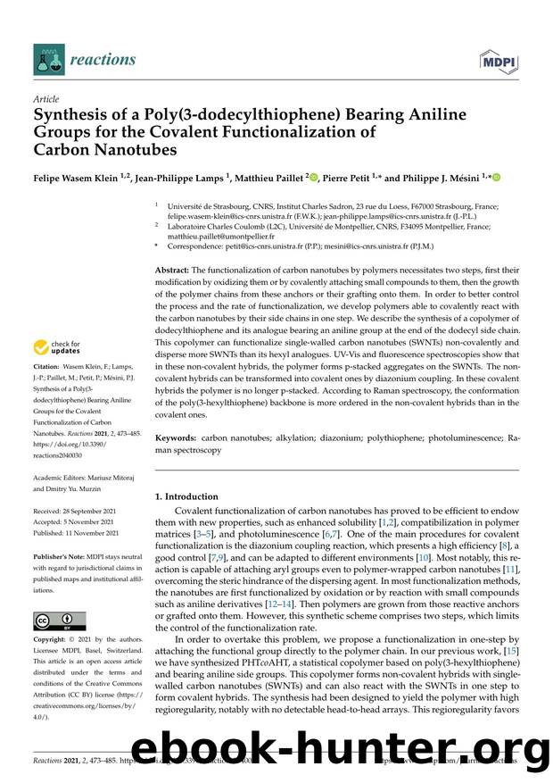 Synthesis of a Poly(3-dodecylthiophene) Bearing Aniline Groups for the Covalent Functionalization of Carbon Nanotubes by Felipe Wasem Klein Jean-Philippe Lamps Matthieu Paillet Pierre Petit & Philippe J. Mésini
