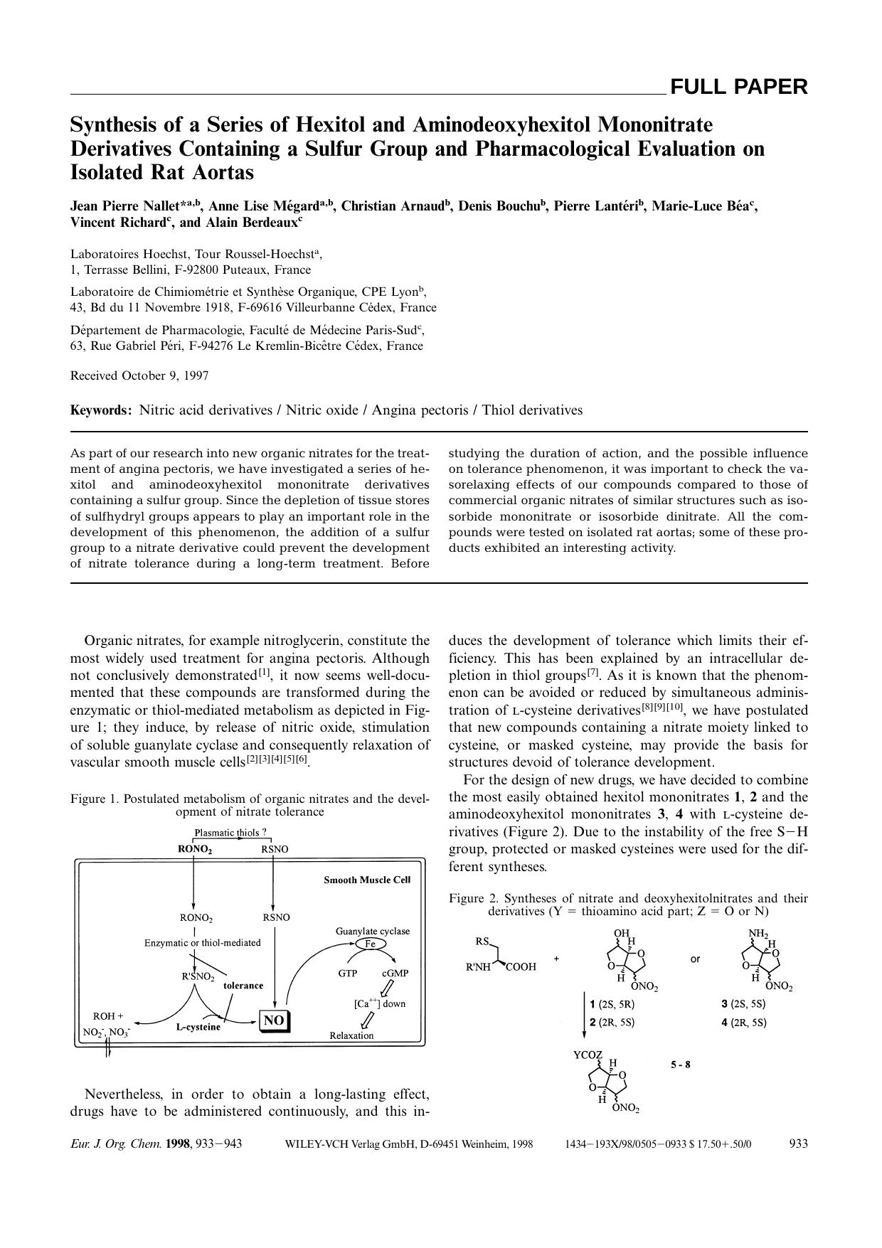 Synthesis of a Series of Hexitol and Aminodeoxyhexitol Mononitrate Derivatives Containing a Sulfur Group and Pharmacological Evaluation on Isolated Rat Aortas by Unknown