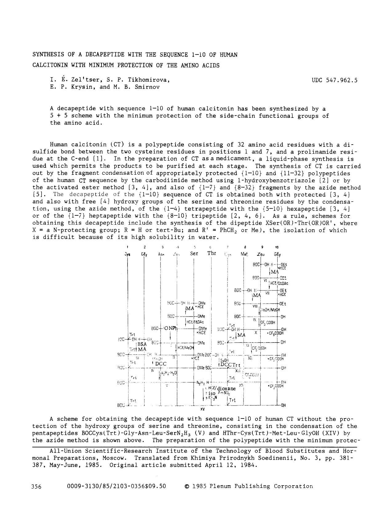 Synthesis of a decapeptide with the sequence 1&#x2013;10 of human calcitonin with minimum protection of the amino acids by Unknown