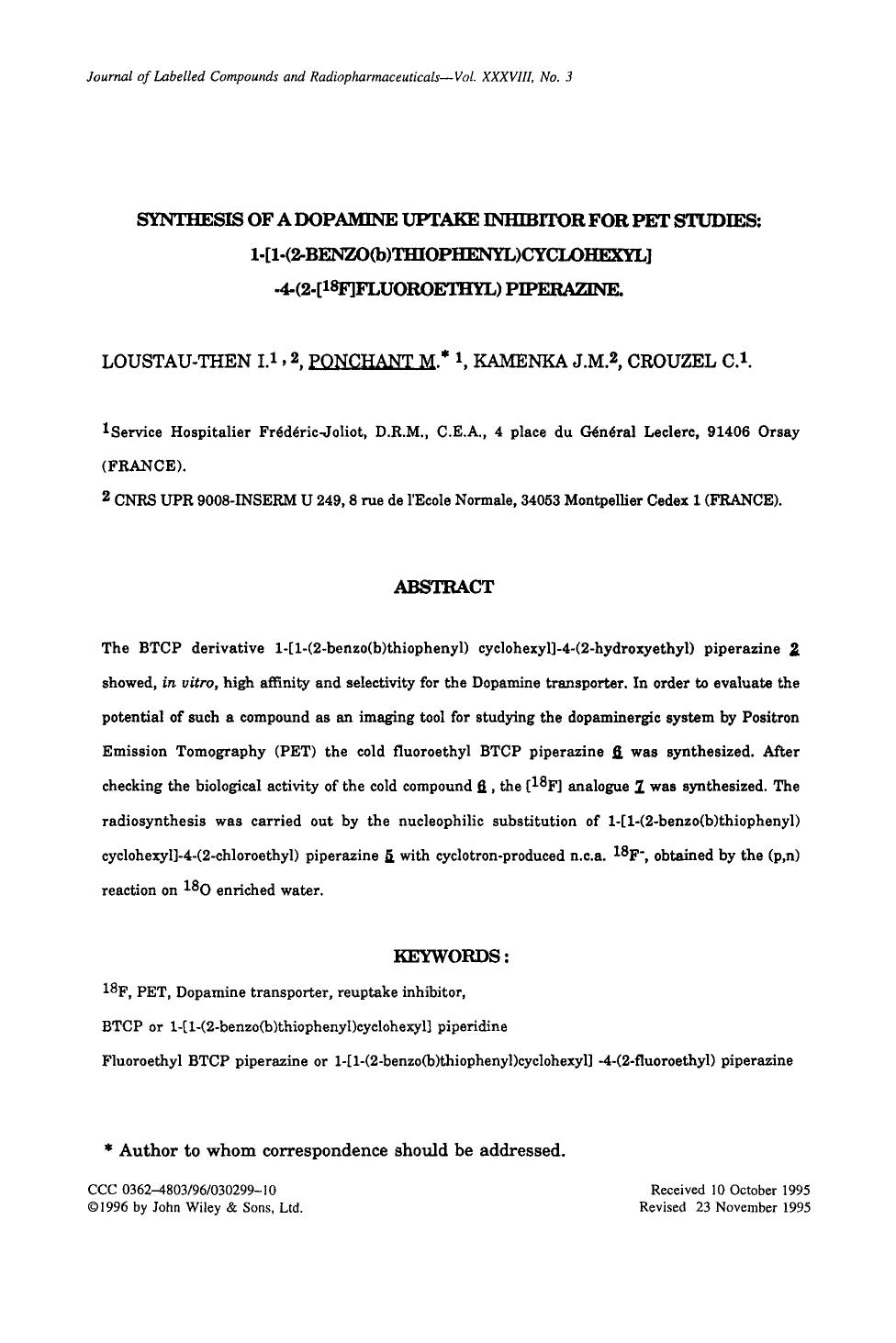 Synthesis of a dopamine uptake inhibitor for PET studies: 1-[1-(2-benzo(b)thiophenyl)cyclohexyl]-4-(2-[18F]fluoroethyl) piperazine by Unknown