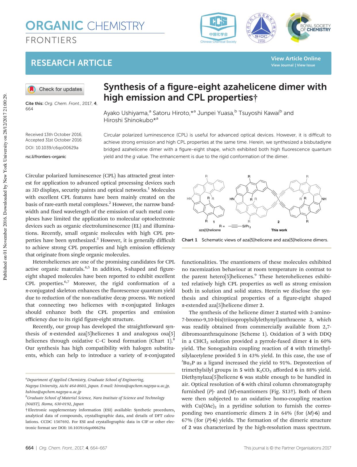 Synthesis of a figure-eight azahelicene dimer with high emission and CPL properties by Ayako Ushiyama Satoru Hiroto Junpei Yuasa Tsuyoshi Kawai Hiroshi Shinokubo
