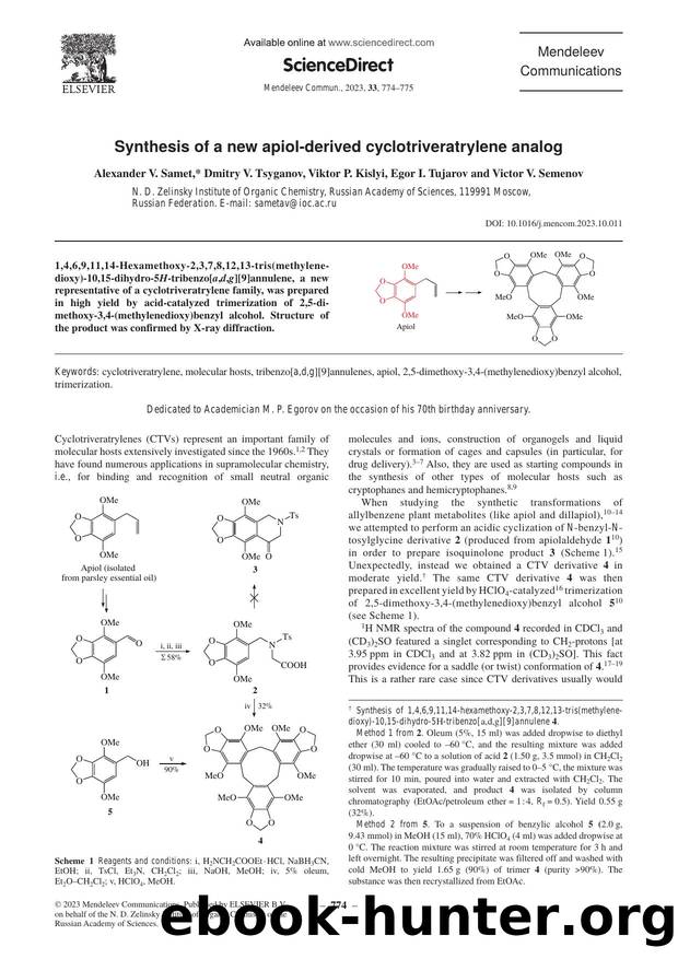 Synthesis of a new apiol-derived cyclotriveratrylene analog by Alexander V. Samet & Dmitry V. Tsyganov & Viktor P. Kislyi & Egor I. Tujarov & Victor V. Semenov