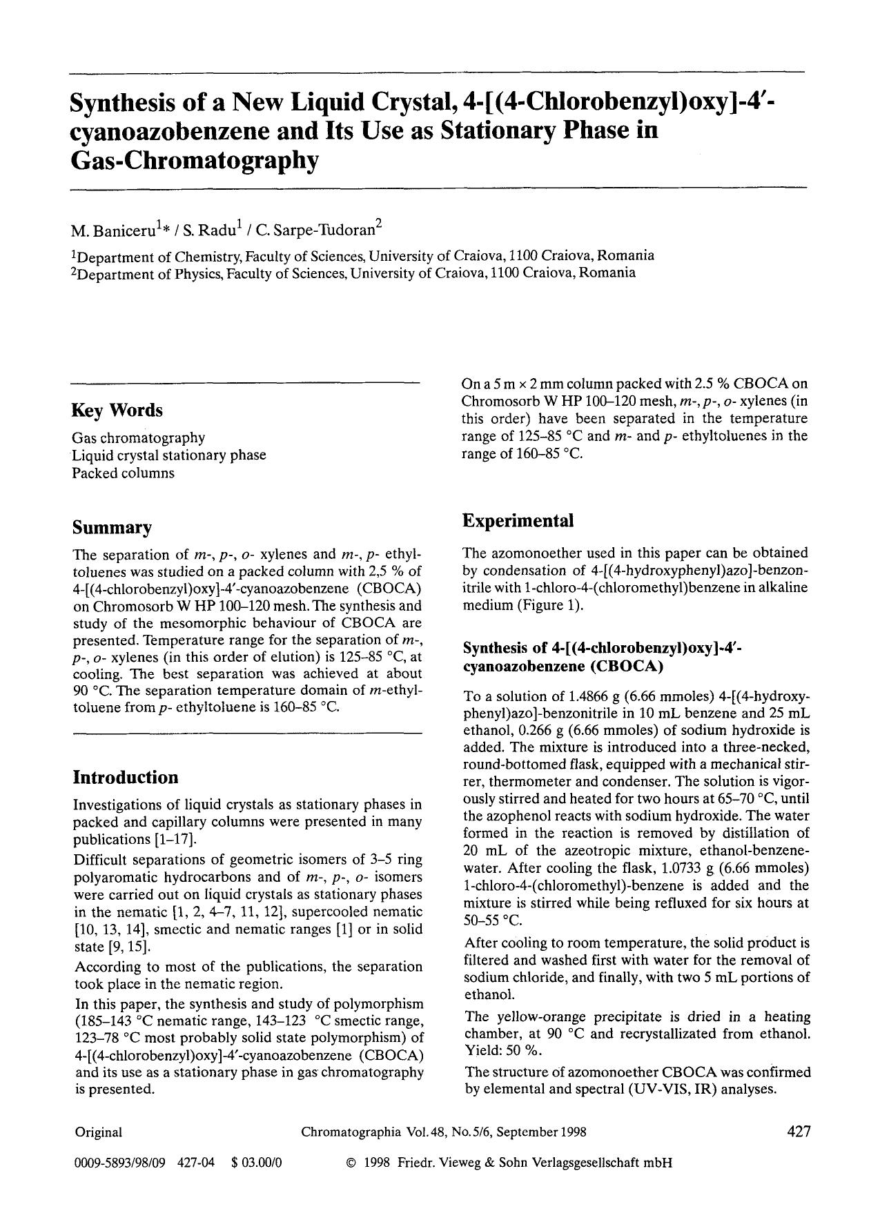 Synthesis of a new liquid crystal, 4-[(4-chlorobenzyl)oxy]-4′-cyanoazobenzene and its use as stationary phase in gas-chromatography by Unknown