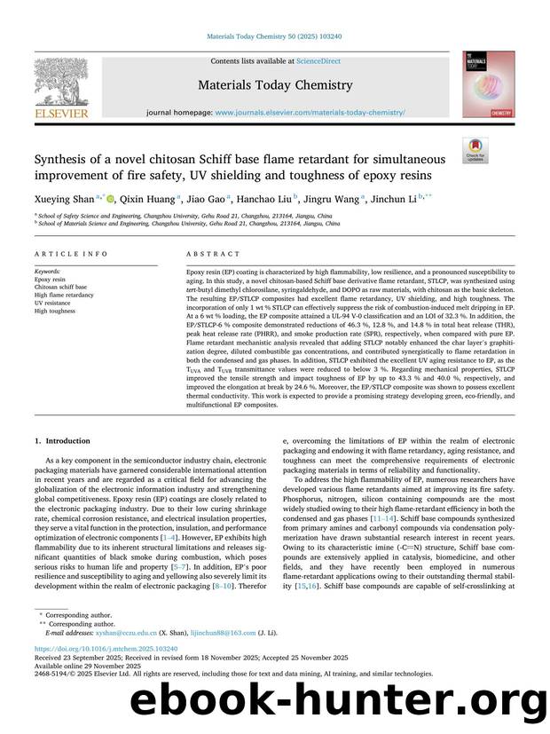 Synthesis of a novel chitosan Schiff base flame retardant for simultaneous improvement of fire safety, UV shielding and toughness of epoxy resins by Xueying Shan & Qixin Huang & Jiao Gao & Hanchao Liu & Jingru Wang & Jinchun Li