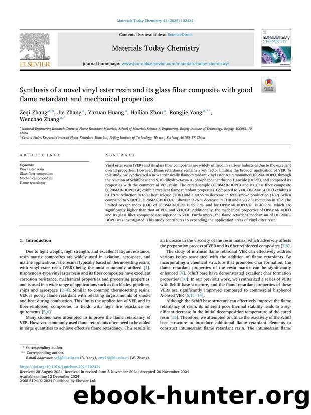 Synthesis of a novel vinyl ester resin and its glass fiber composite with good flame retardant and mechanical properties by Zeqi Zhang & Jie Zhang & Yaxuan Huang & Hailian Zhou & Rongjie Yang & Wenchao Zhang