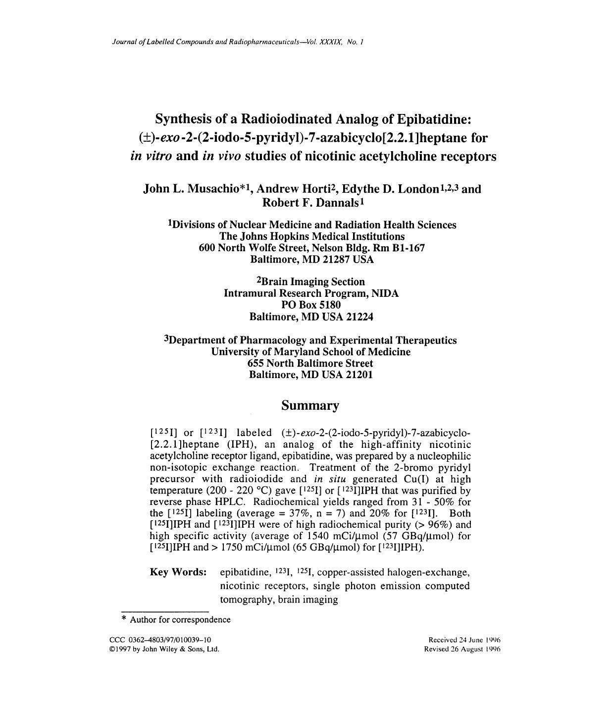 Synthesis of a radioiodinated analog of epibatidine: (Â±)-exo-2-(2-iodo-5-pyridyl)-7-azabicyclo[2.2.1]heptane for in vitro and in vivo studies of nicotinic acetylcholine receptors by Unknown