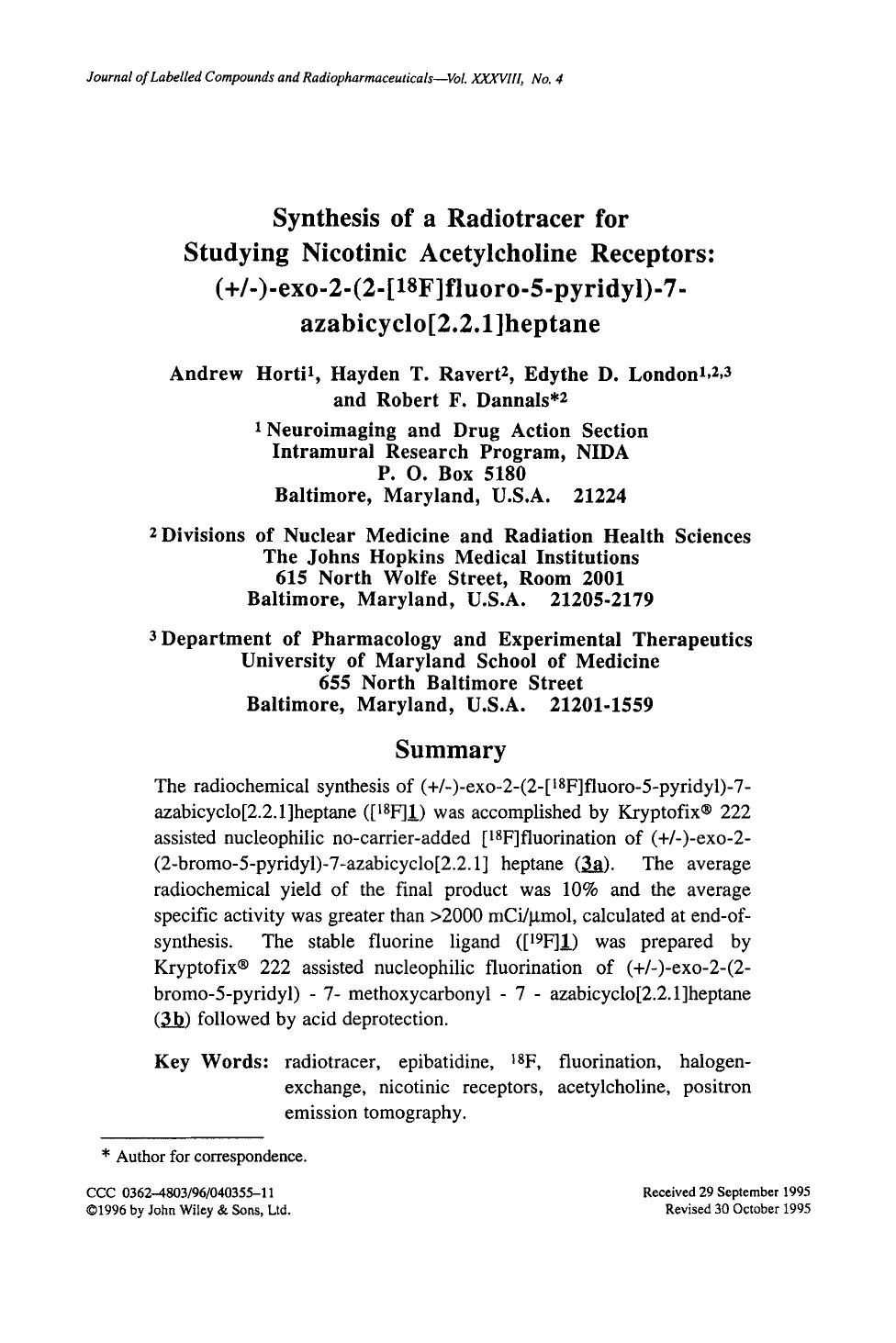 Synthesis of a radiotracer for studying nicotinic acetylcholine receptors: (+[minus])-exo-2-(2-[18F]fluoro-5-pyridyl)-7-azabicyclo[2.2.1]heptane by Unknown