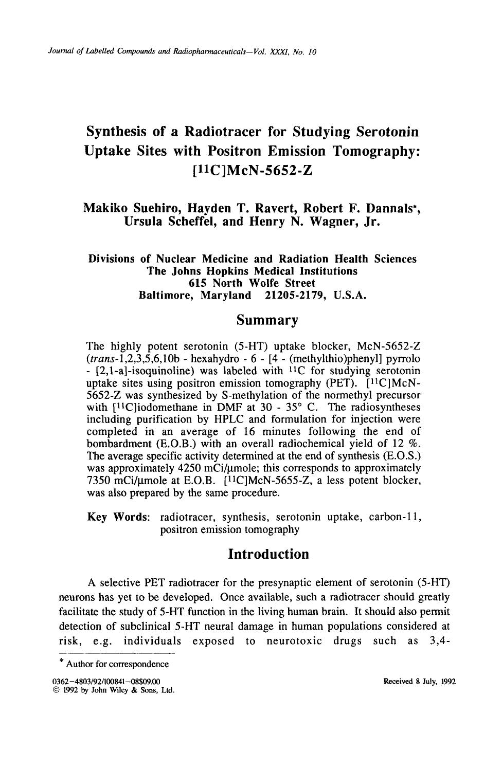 Synthesis of a radiotracer for studying serotonin uptake sites with positron emission tomography: [11C]McN-5652-Z by Unknown