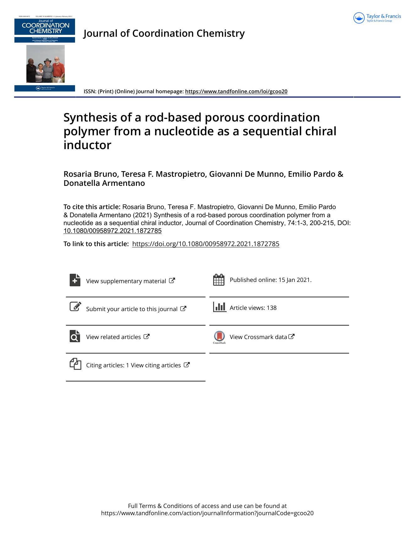 Synthesis of a rod-based porous coordination polymer from a nucleotide as a sequential chiral inductor by Bruno Rosaria & Mastropietro Teresa F. & De Munno Giovanni & Pardo Emilio & Armentano Donatella