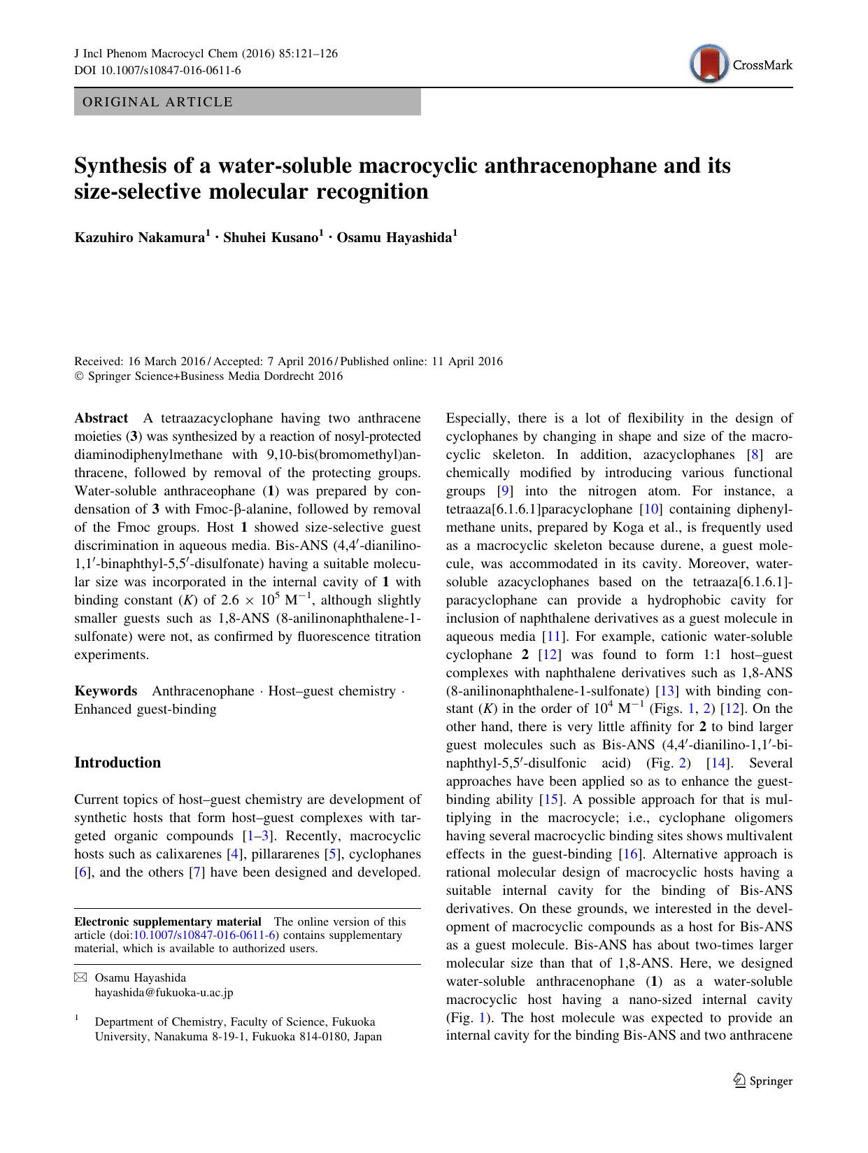 Synthesis of a water-soluble macrocyclic anthracenophane and its size-selective molecular recognition by Kazuhiro Nakamura & Shuhei Kusano & Osamu Hayashida