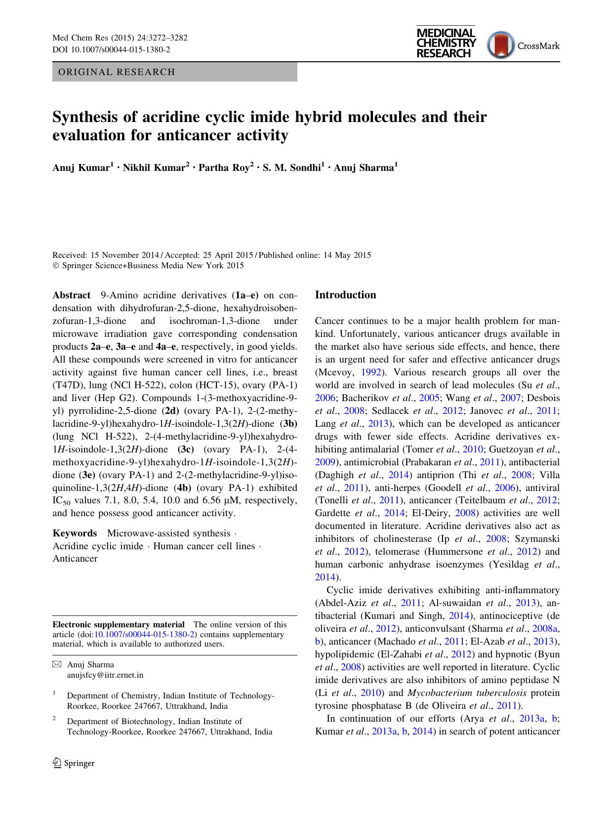 Synthesis of acridine cyclic imide hybrid molecules and their evaluation for anticancer activity by Anuj Kumar & Nikhil Kumar & Partha Roy & S. M. Sondhi & Anuj Sharma