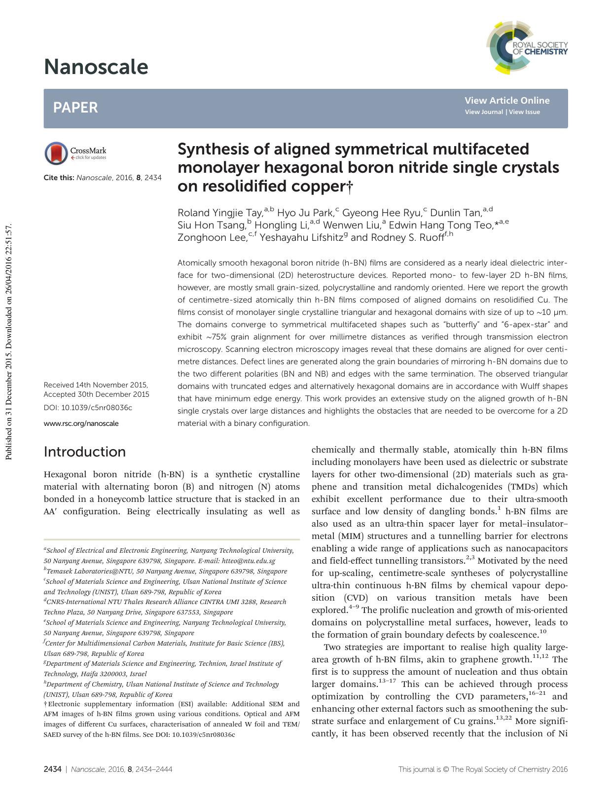 Synthesis of aligned symmetrical multifaceted monolayer hexagonal boron nitride single crystals on resolidified copper by unknow