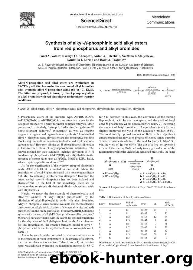 Synthesis of alkyl-H-phosphinic acid alkyl esters from red phosphorus and alkyl bromides by unknow