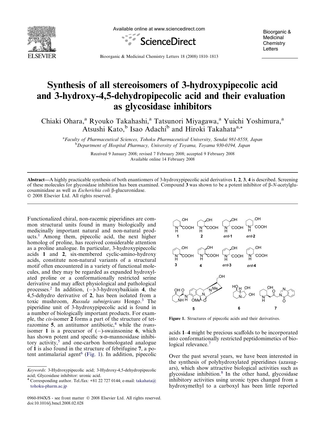 Synthesis of all stereoisomers of 3-hydroxypipecolic acid and 3-hydroxy-4,5-dehydropipecolic acid and their evaluation as glycosidase inhibitors by unknow