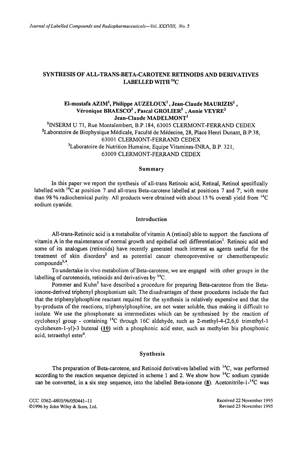 Synthesis of all-trans-beta-carotene retinoids and derivatives labelled with 14C by Unknown