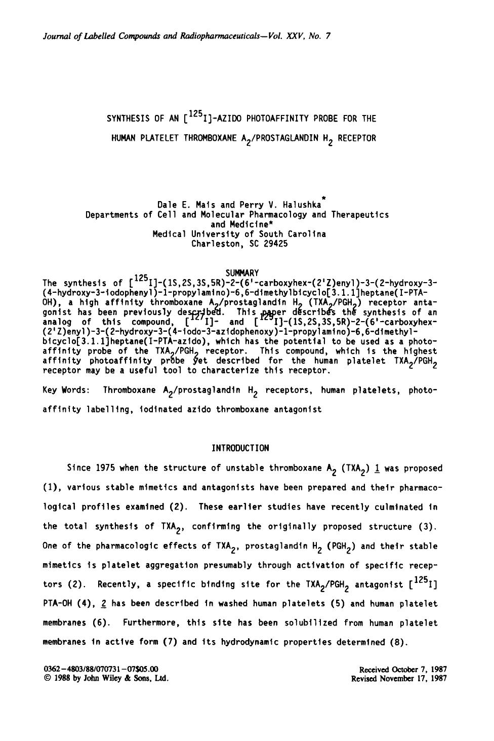 Synthesis of an [125I]-azido photoaffinity probe for the human platelet thromboxane A2prostaglandin H2 receptor by Unknown