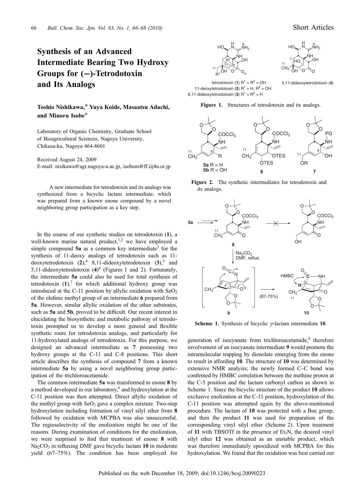 Synthesis of an Advanced Intermediate Bearing Two Hydroxy Groups for (−)-Tetrodotoxin and Its Analogs by （社）日本化学会　The Chemical Society of Japan