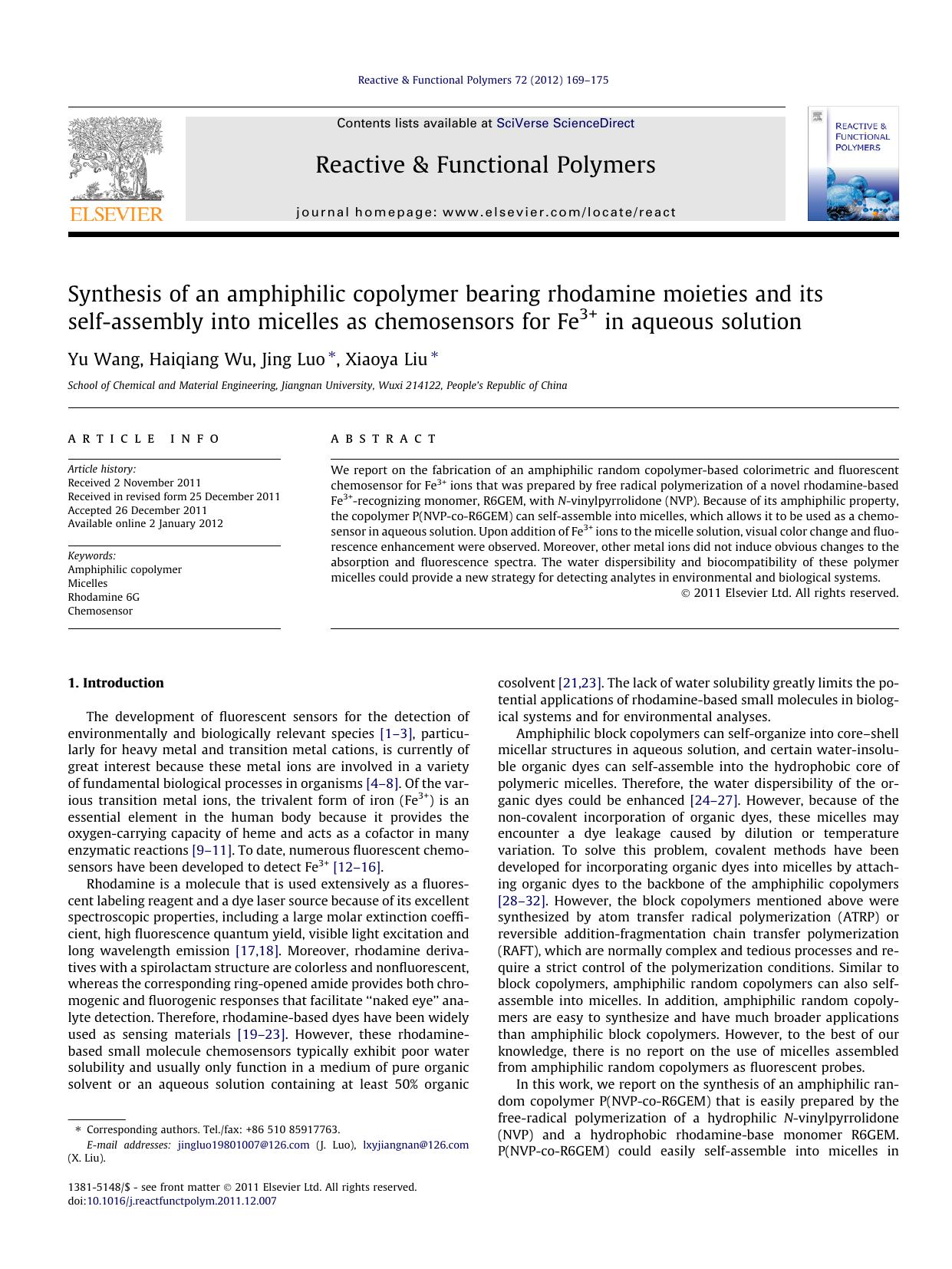 Synthesis of an amphiphilic copolymer bearing rhodamine moieties and its self-assembly into micelles as chemosensors for Fe3+ in aqueous solution by Yu Wang & Haiqiang Wu & Jing Luo & Xiaoya Liu
