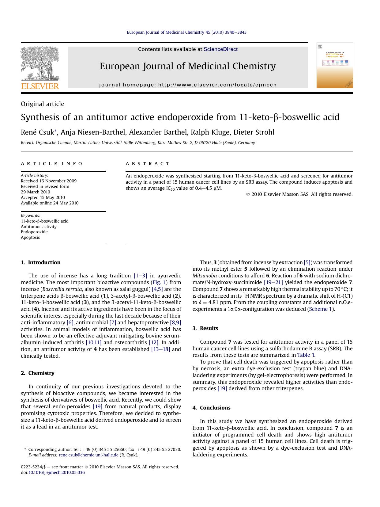 Synthesis of an antitumor active endoperoxide from 11-keto-&beta;-boswellic acid by René Csuk & Anja Niesen-Barthel & Alexander Barthel & Ralph Kluge & Dieter Ströhl