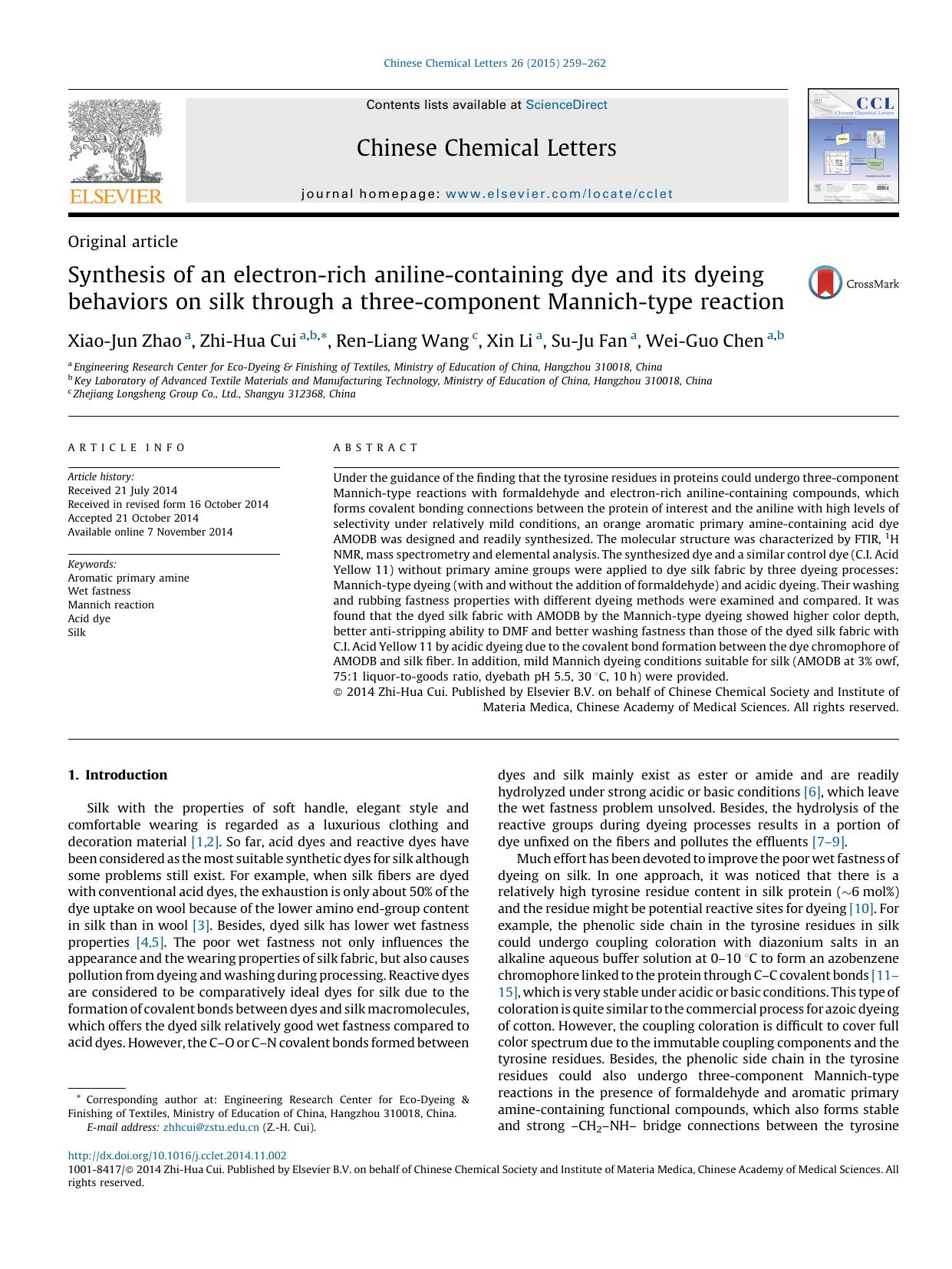 Synthesis of an electron-rich aniline-containing dye and its dyeing behaviors on silk through a three-component Mannich-type reaction by Xiao-Jun Zhao & Zhi-Hua Cui & Ren-Liang Wang & Xin Li & Su-Ju Fan & Wei-Guo Chen