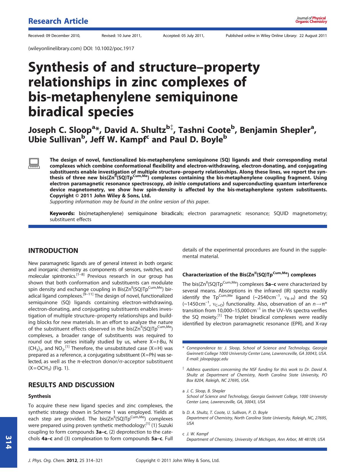 Synthesis of and structureproperty relationships in zinc complexes of bismetaphenylene semiquinone biradical species by Unknown