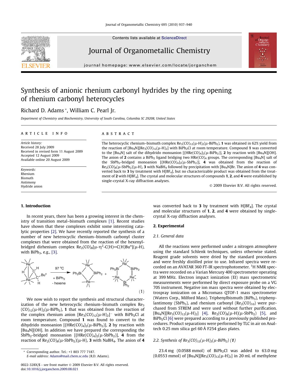 Synthesis of anionic rhenium carbonyl hydrides by the ring opening of rhenium carbonyl heterocycles by Richard D. Adams; William C. Pearl