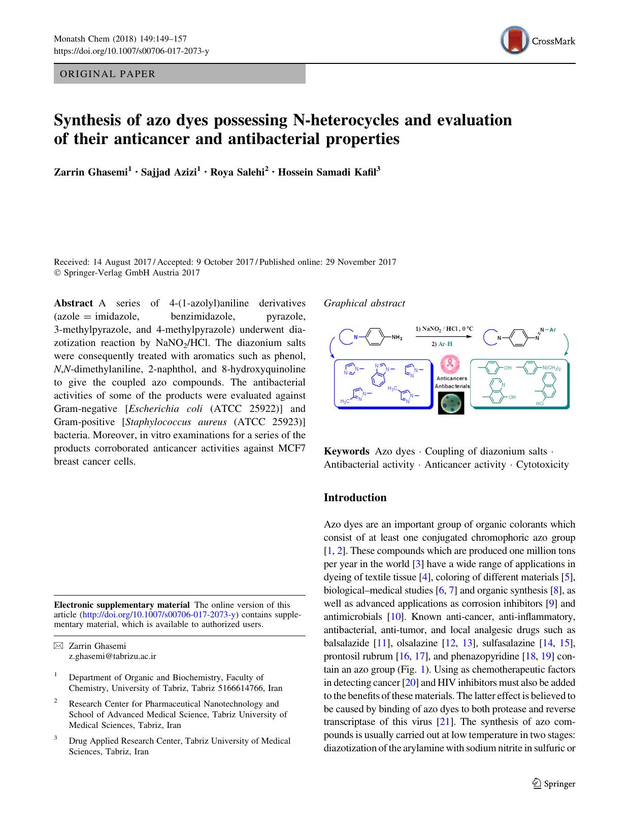 Synthesis of azo dyes possessing N-heterocycles and evaluation of their anticancer and antibacterial properties by Zarrin Ghasemi & Sajjad Azizi & Roya Salehi & Hossein Samadi Kafil