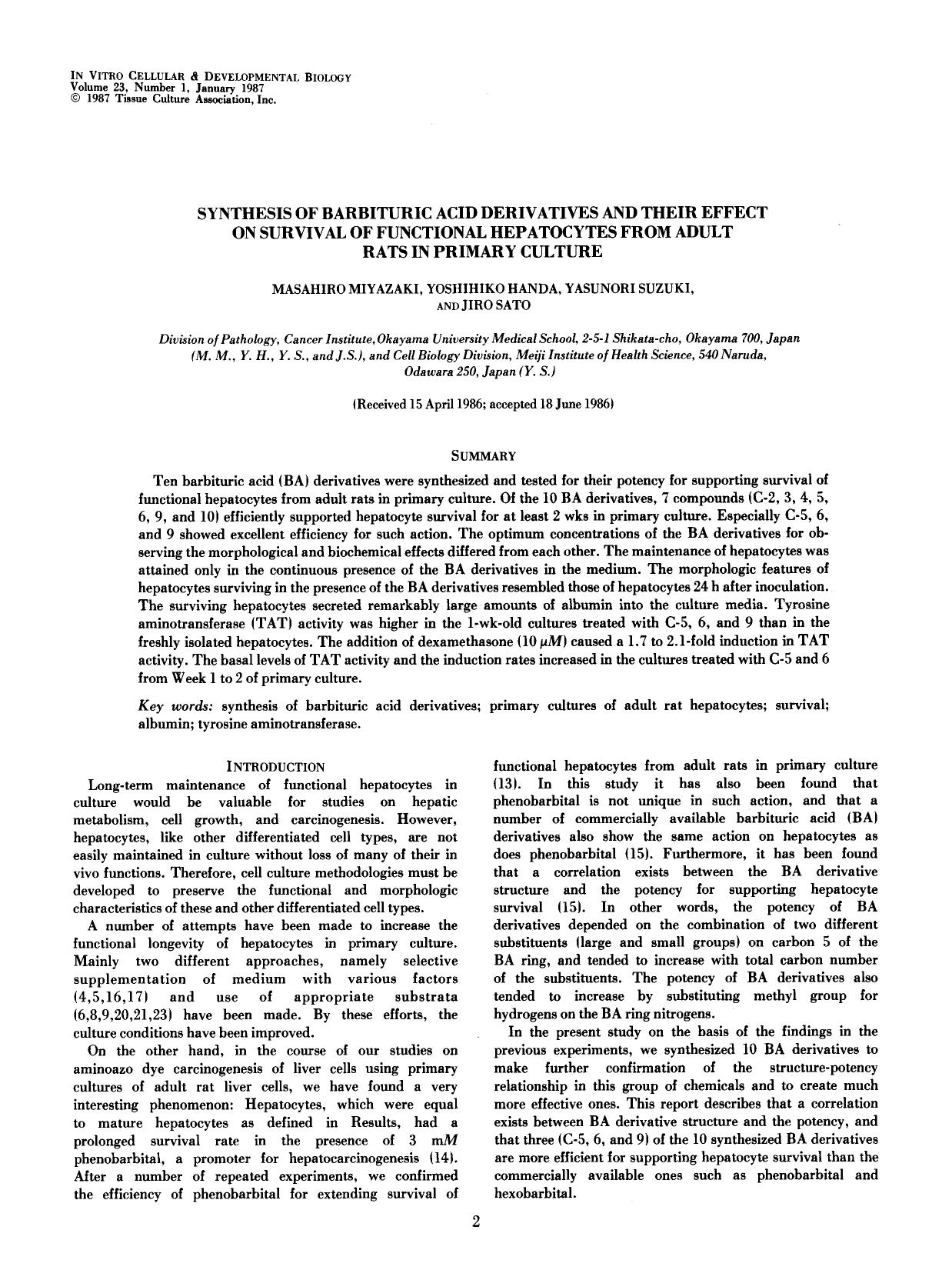 Synthesis of barbituric acid derivatives and their effect on survival of functional hepatocytes from adult rats in primary culture by Unknown