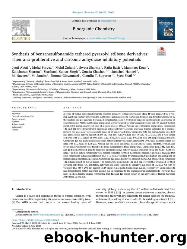 Synthesis of benzenesulfonamide tethered pyrazolyl stilbene derivatives: Their anti-proliferative and carbonic anhydrase inhibitory potentials by unknow