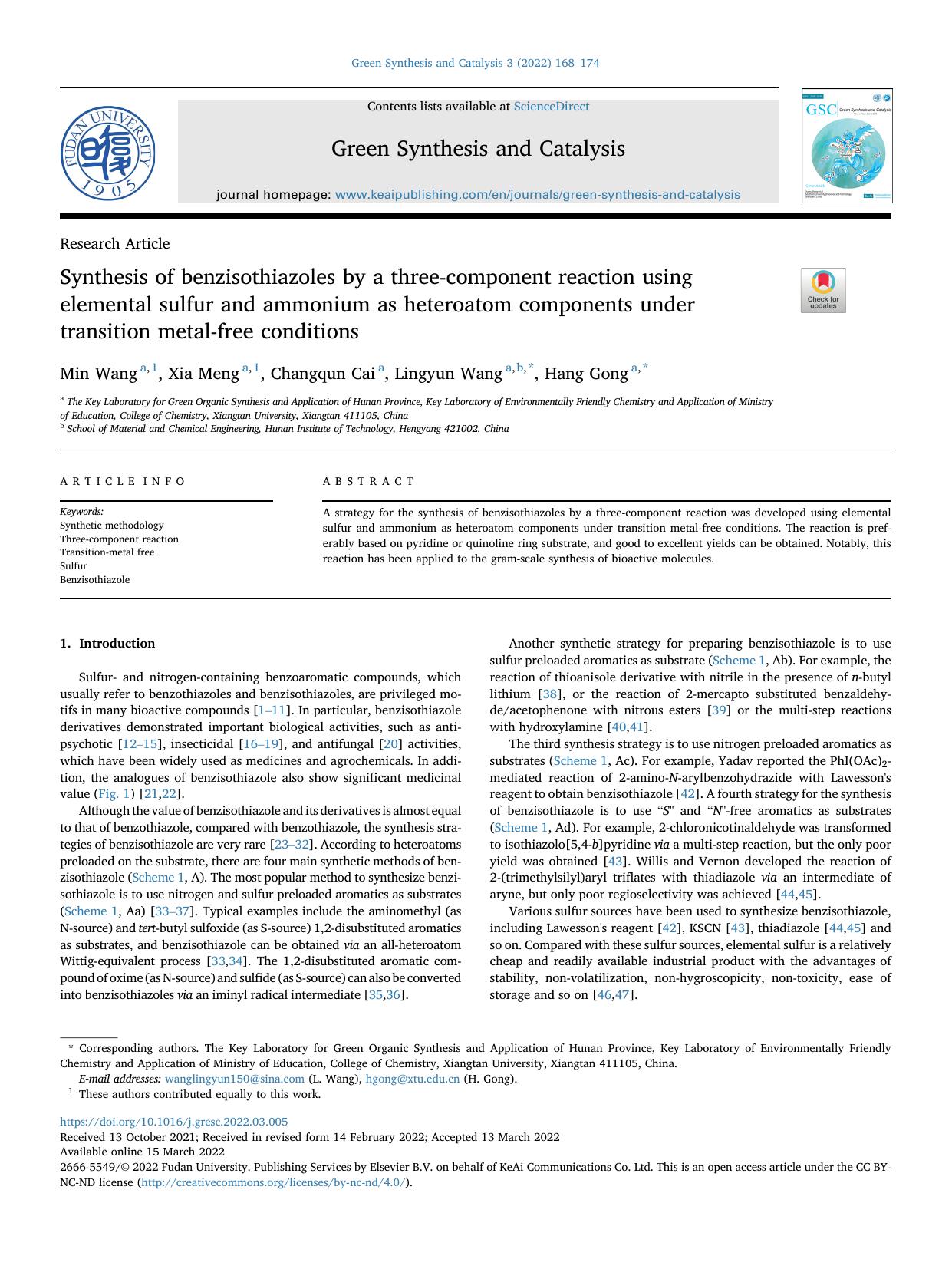 Synthesis of benzisothiazoles by a three-component reaction using elemental sulfur and ammonium as heteroatom components under transition metal-free conditions by Min Wang