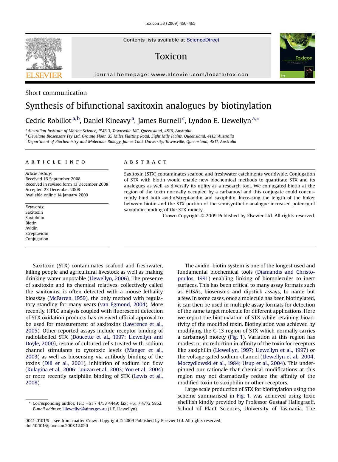 Synthesis of bifunctional saxitoxin analogues by biotinylation by Cedric Robillot; Daniel Kineavy; James Burnell; Lyndon E. Llewellyn