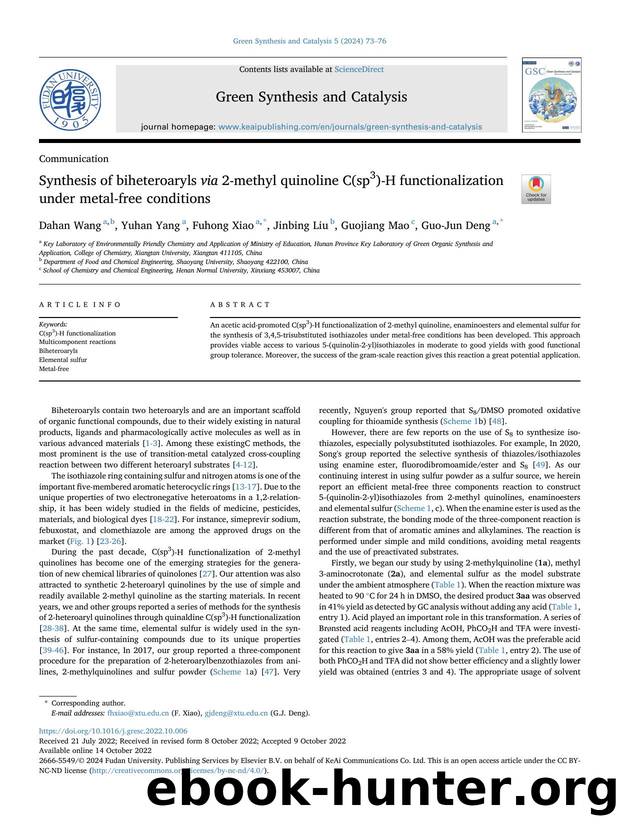 Synthesis of biheteroaryls via 2-methyl quinoline C(sp3)-H functionalization under metal-free conditions by Dahan Wang & Yuhan Yang & Fuhong Xiao & Jinbing Liu & Guojiang Mao & Guo-Jun Deng