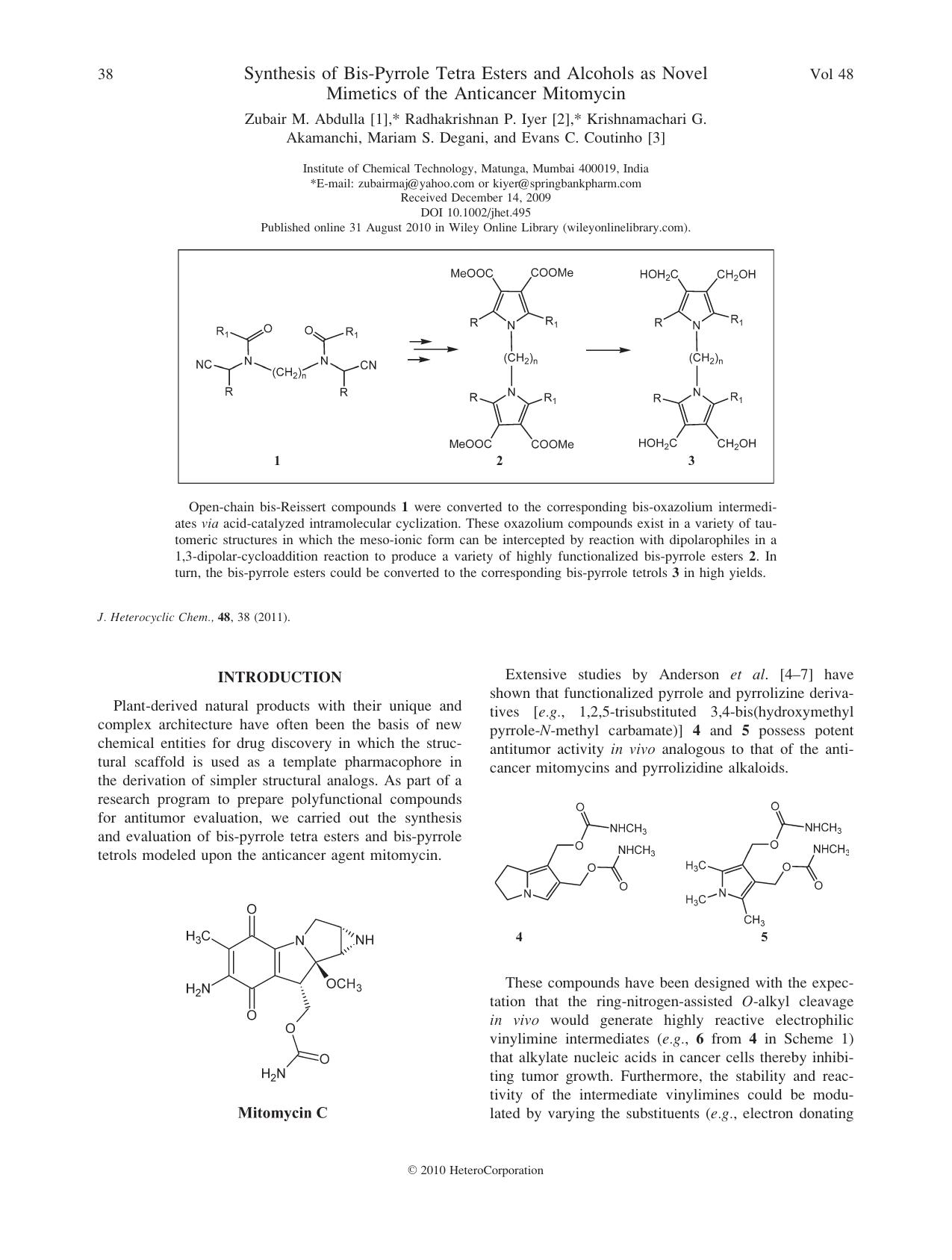 Synthesis of bispyrrole tetra esters and alcohols as novel mimetics of the anticancer mitomycin by Unknown